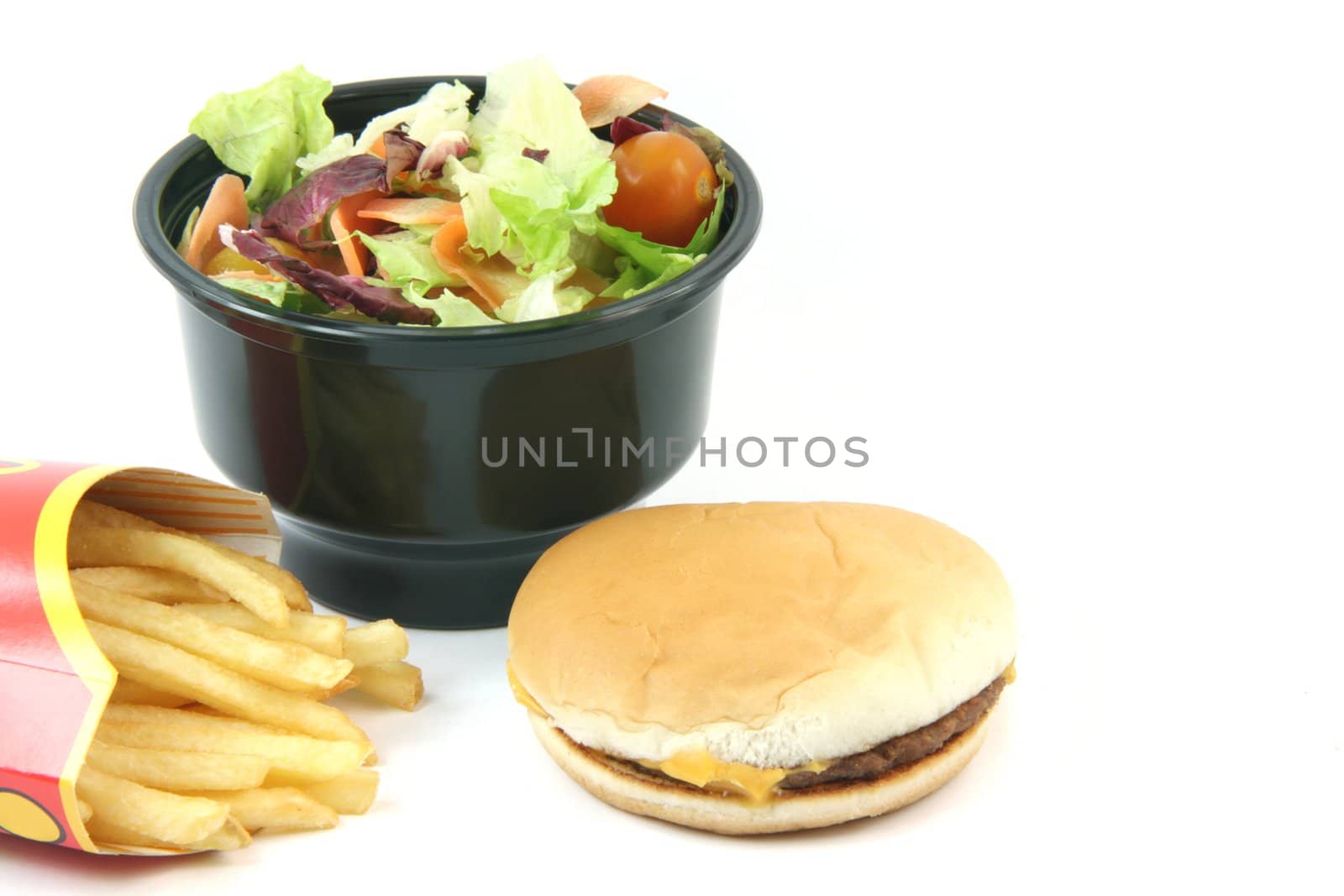 salad cheeseburger and french fries in box isolated on white backround food concepts with copy space