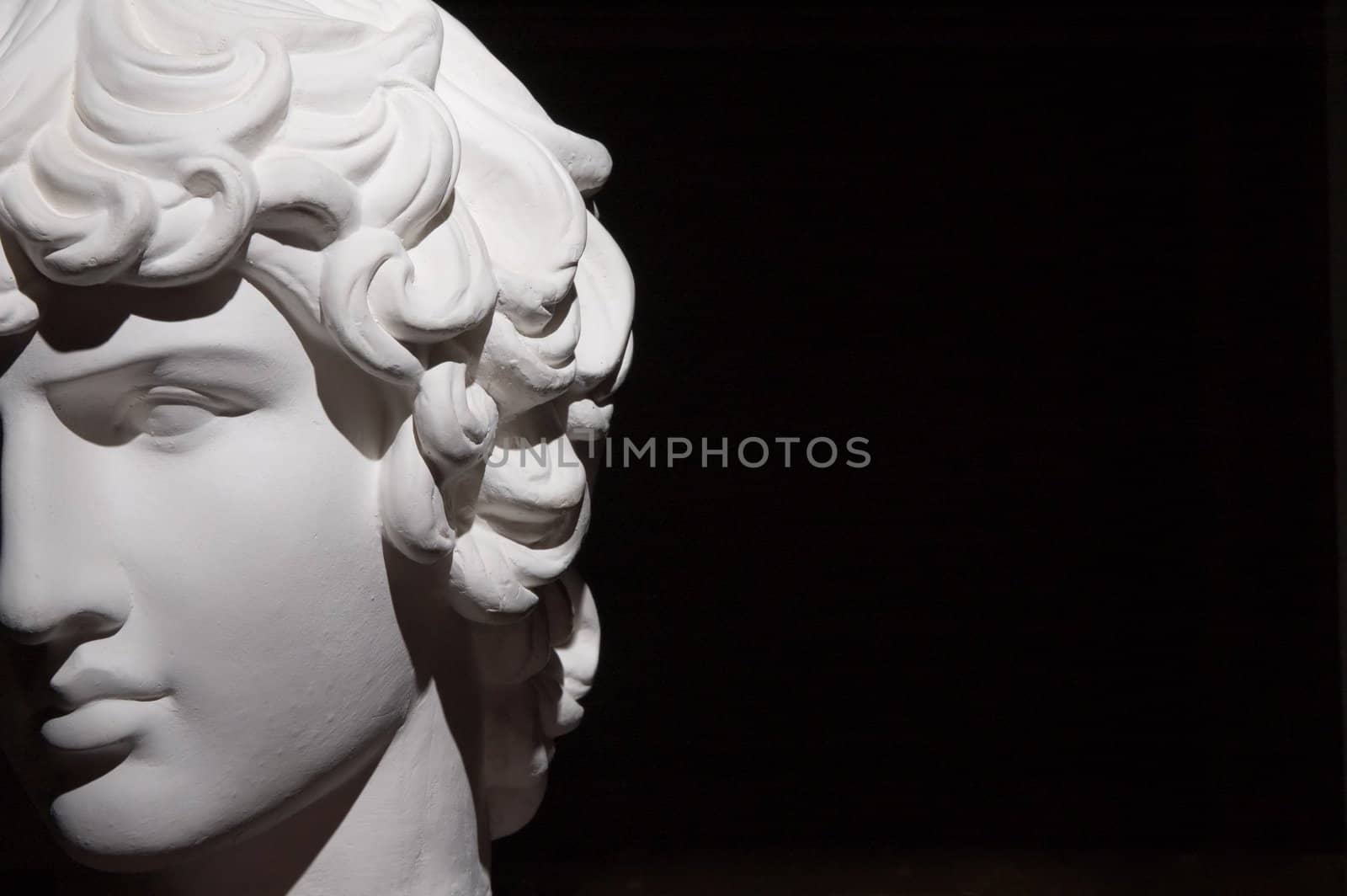 Plaster head of sculpture, black background