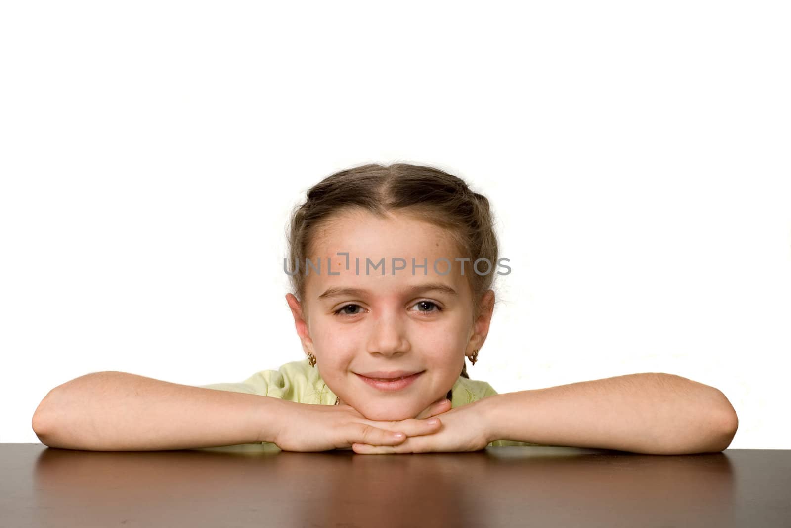 Nice girl on a table, white background