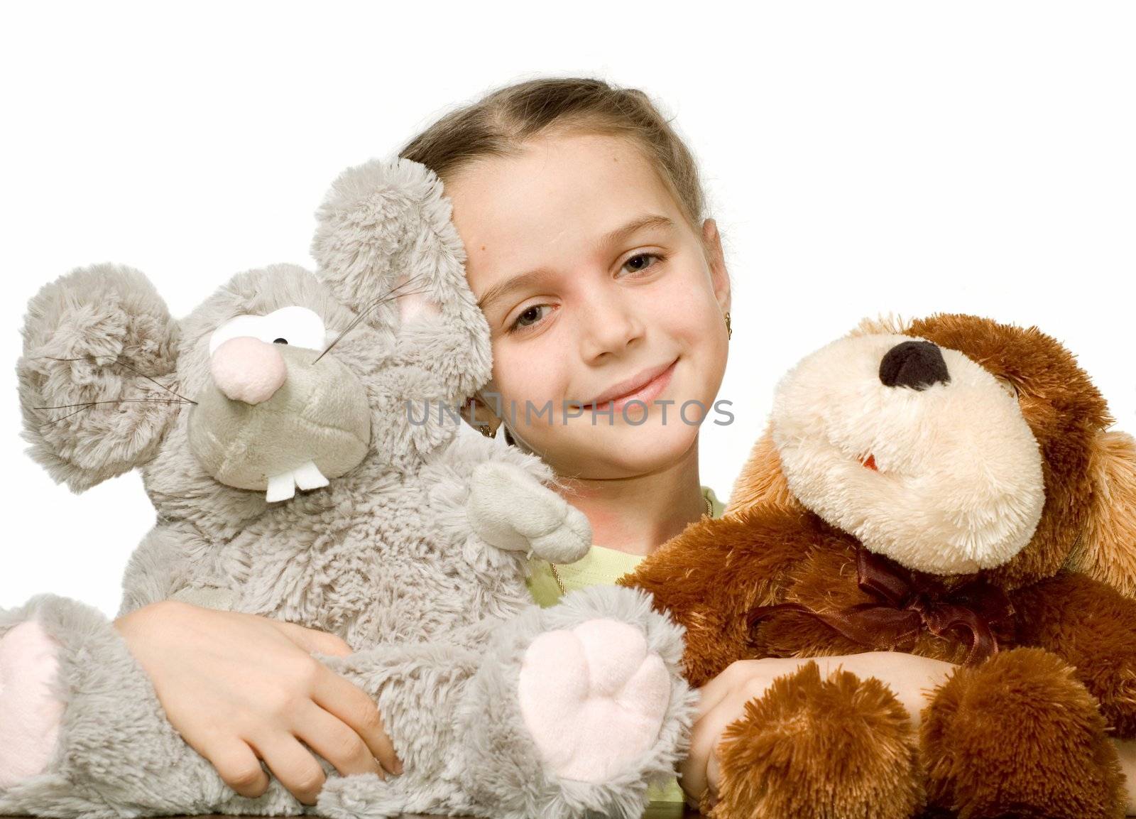 Pretty girl with toys, white background