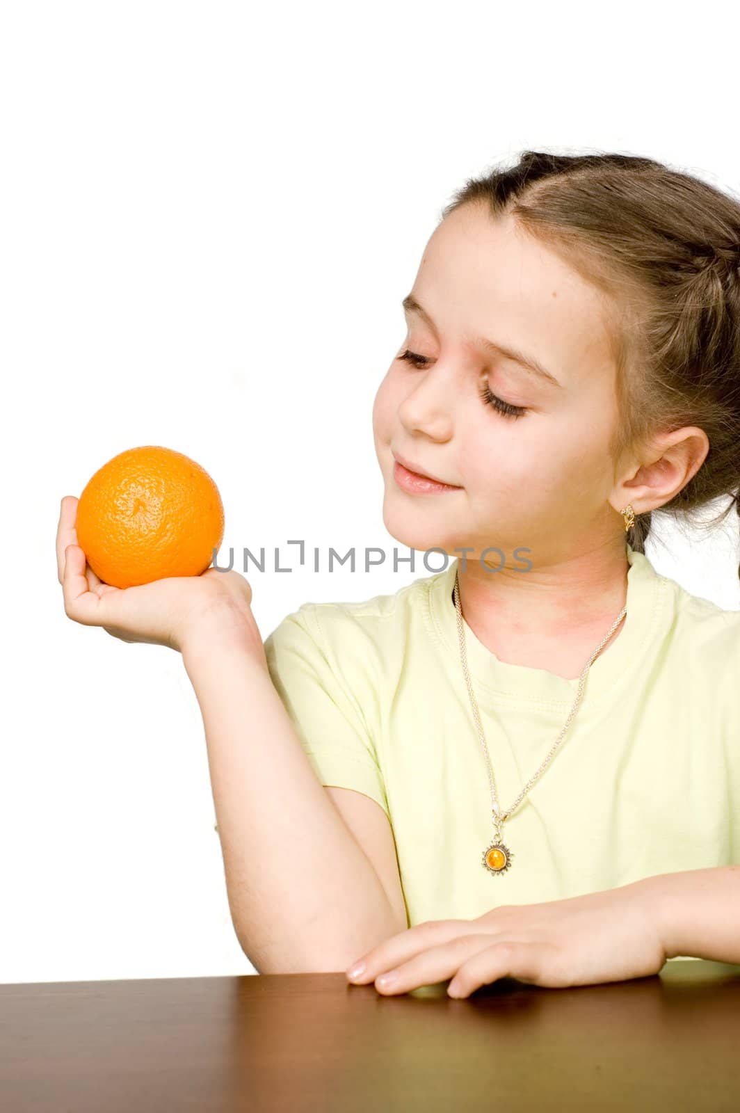 Pretty girl with orange, white background