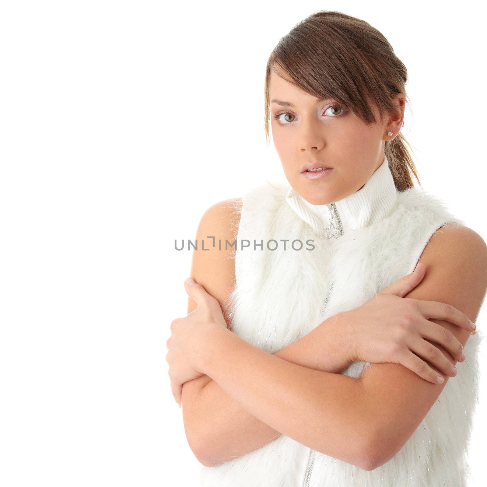 Teen woman in fur jacket with - cold