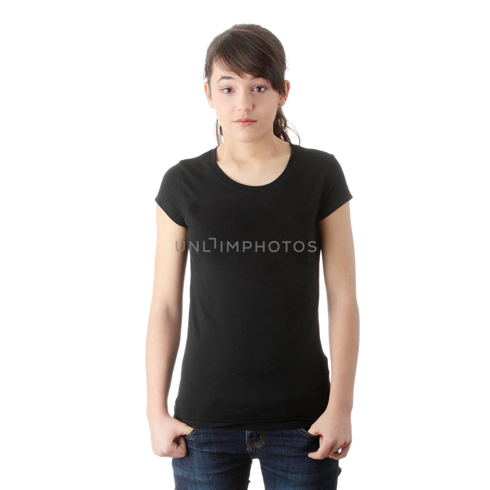 Teen girl portrait, over white background