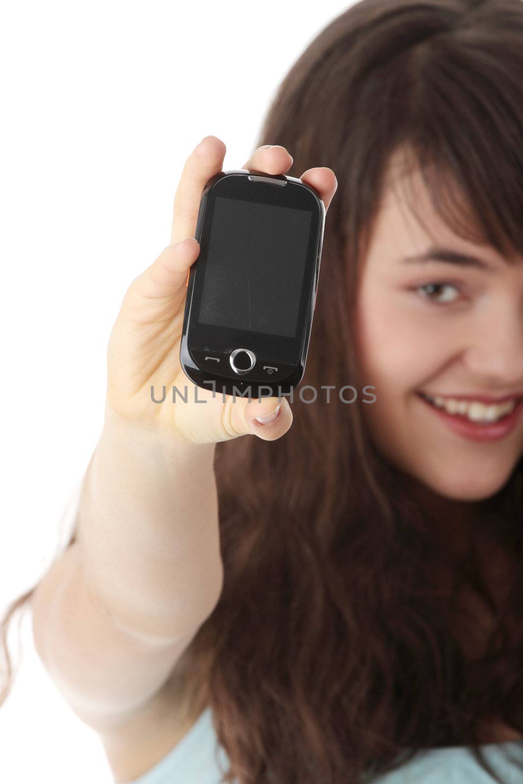 Teen caucasian woman using a mobile phone isolated on white background