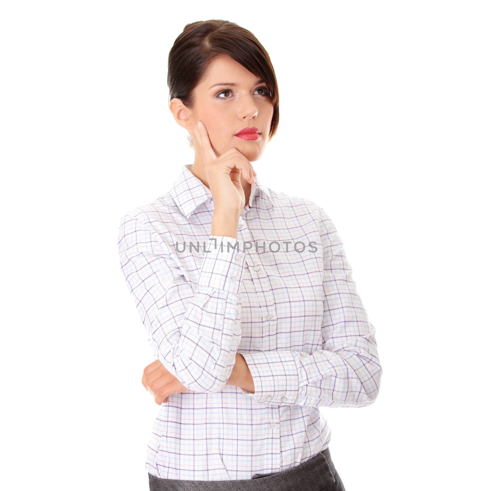 Thoughtful business woman portrait isolated over a white background