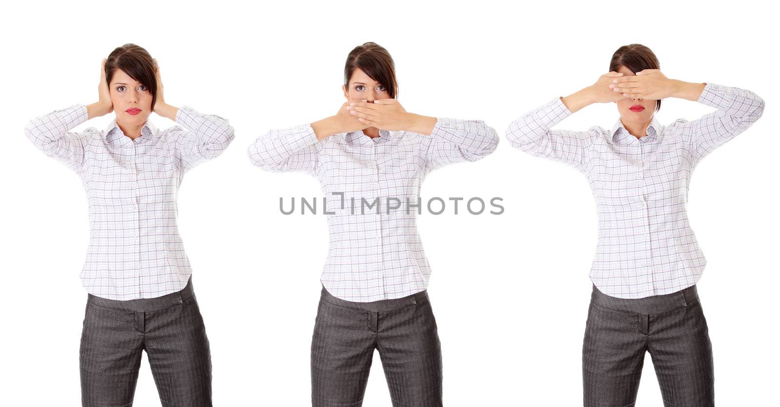 Woman image of the saying Hear no See no Speak no evil.