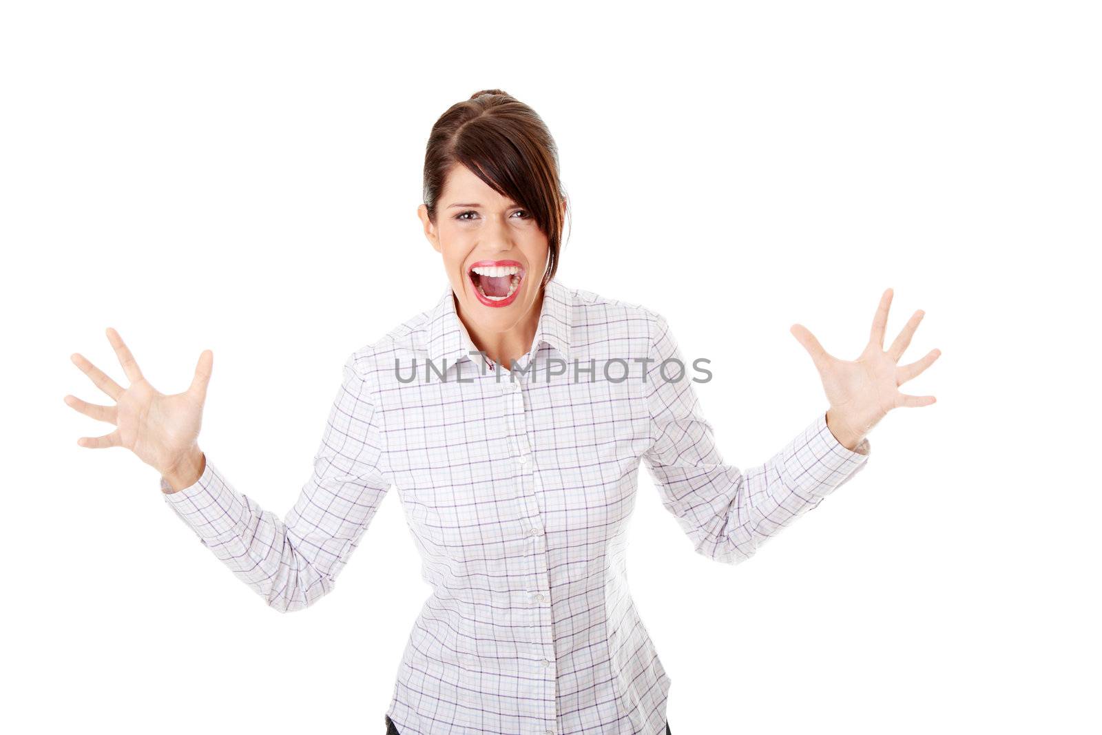 Mad business woman portrait isolated over a white background