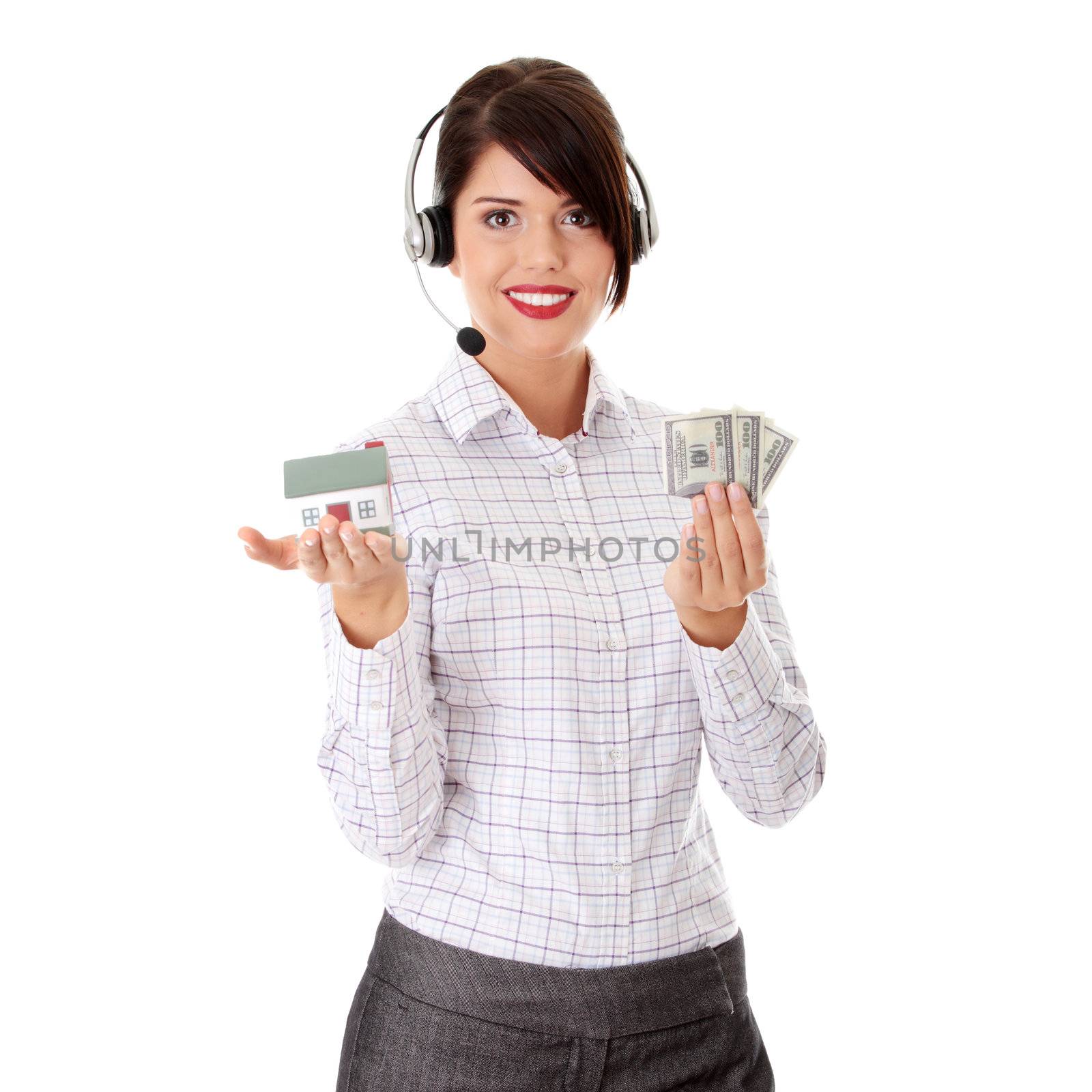Young businesswoman in headset holding hose model and cash