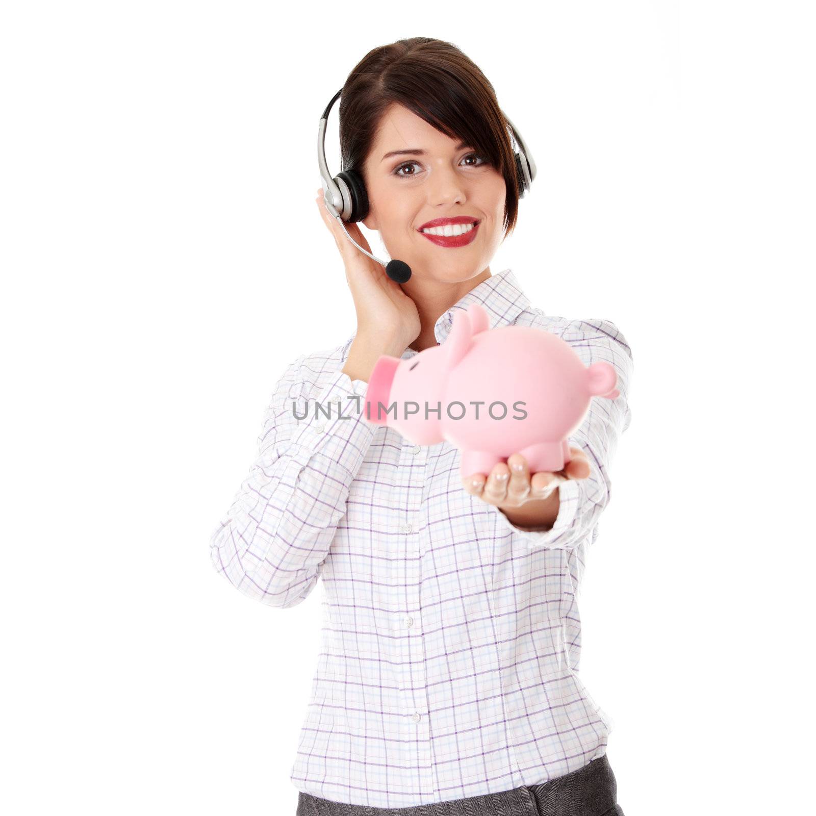 Young business woman with headset holding piggy bank