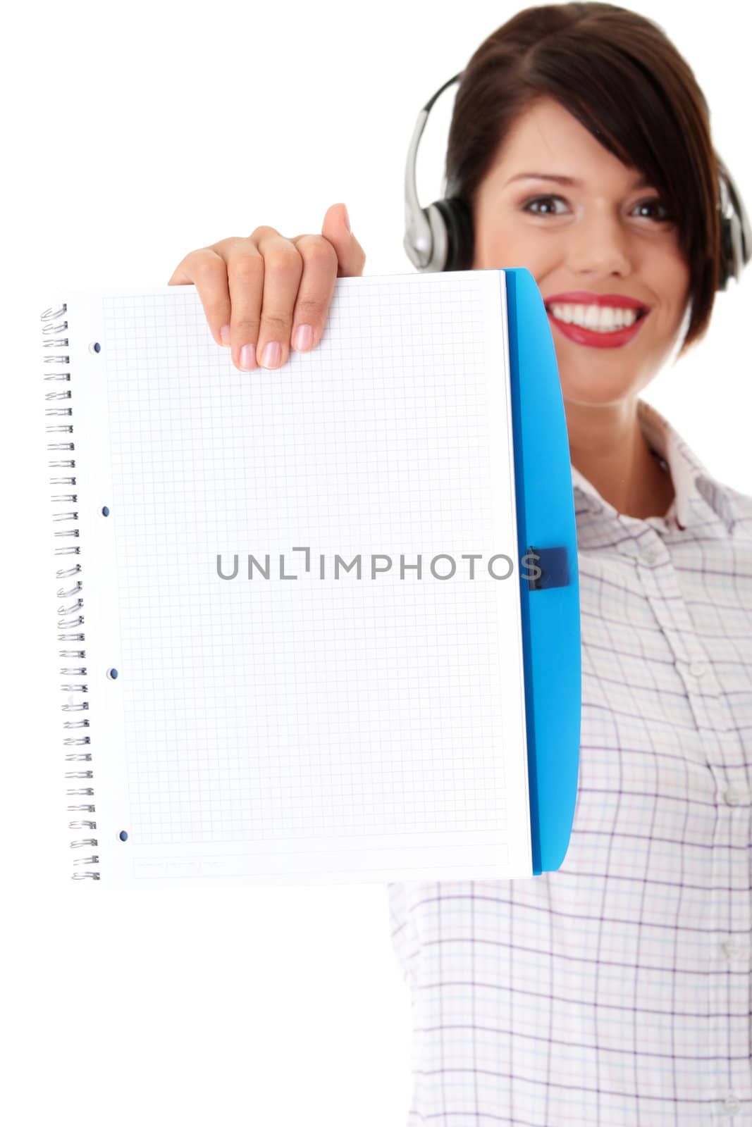 Call center woman with headset holding blank copybook. Isolated on white background.