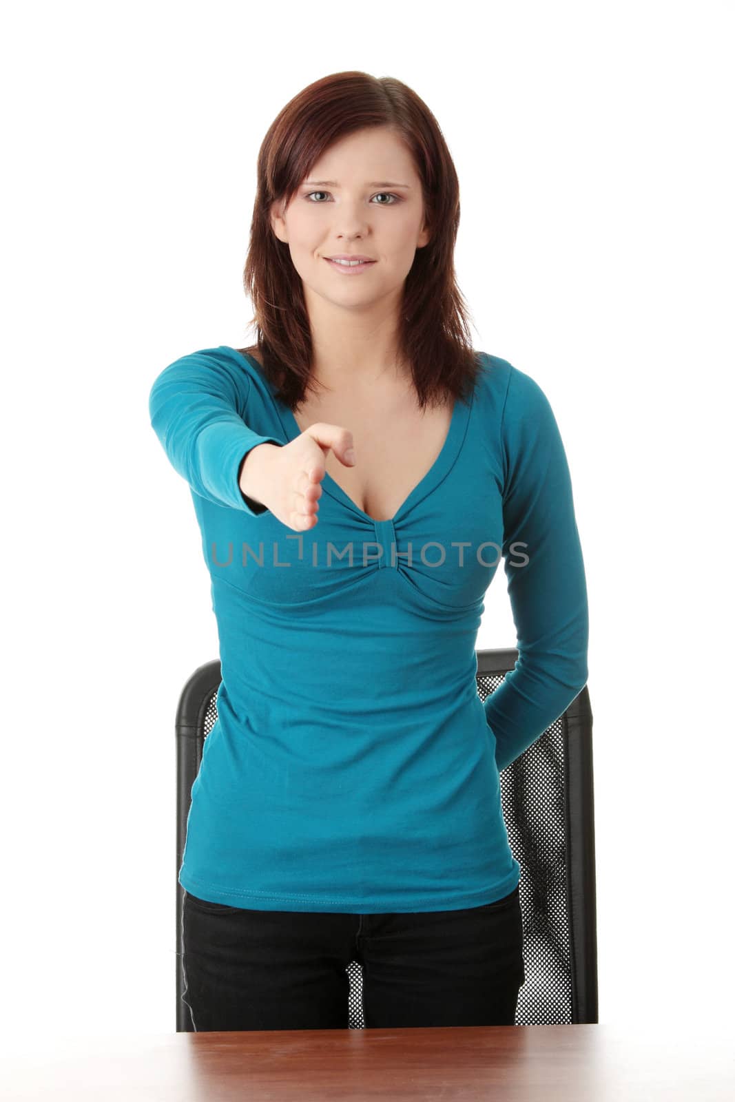 Young woman ready for handshake, isolated on white
