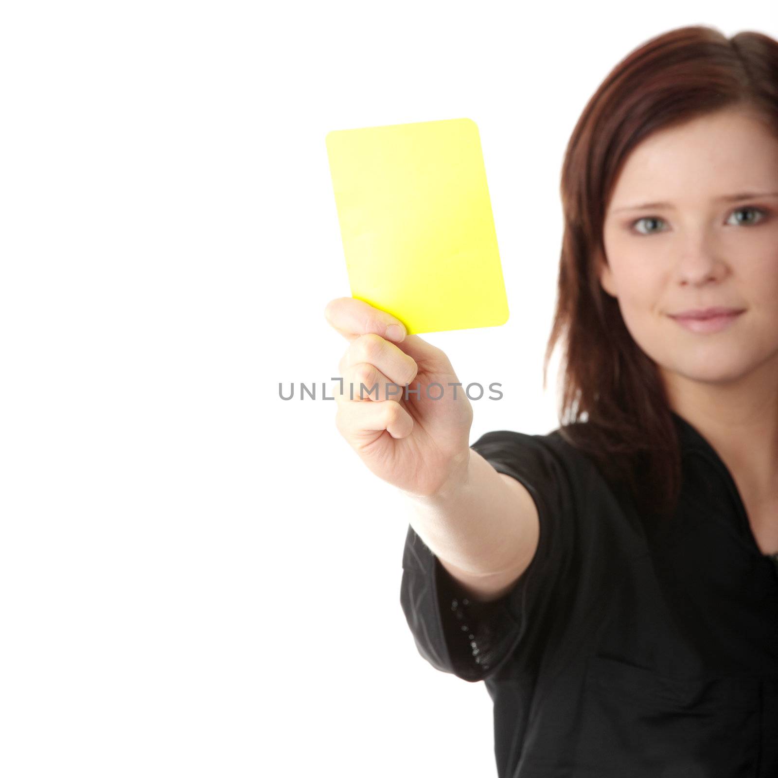 Young female referee showing the red card, isolated on white