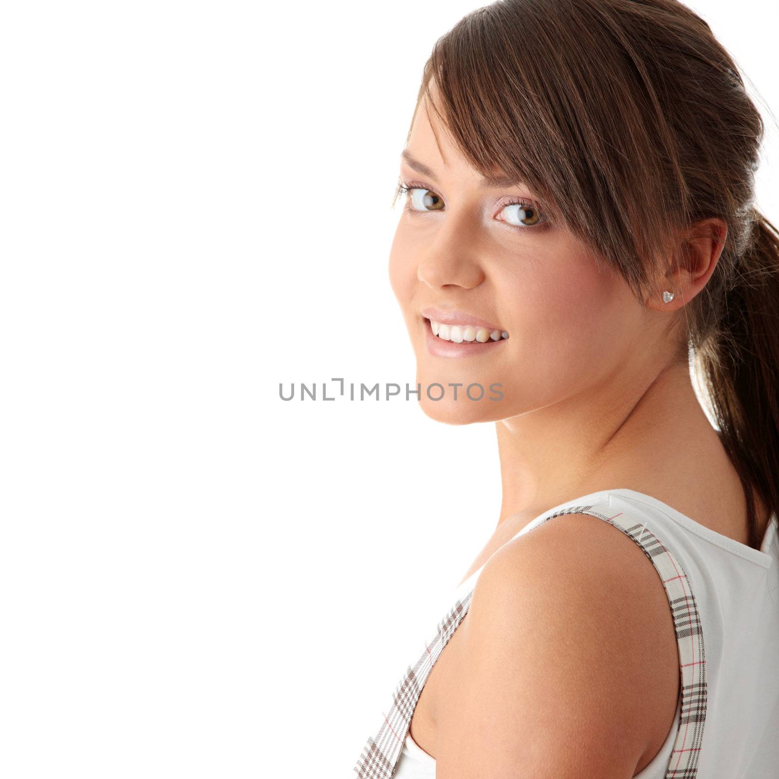 Teen woman portrait, isolated on white background