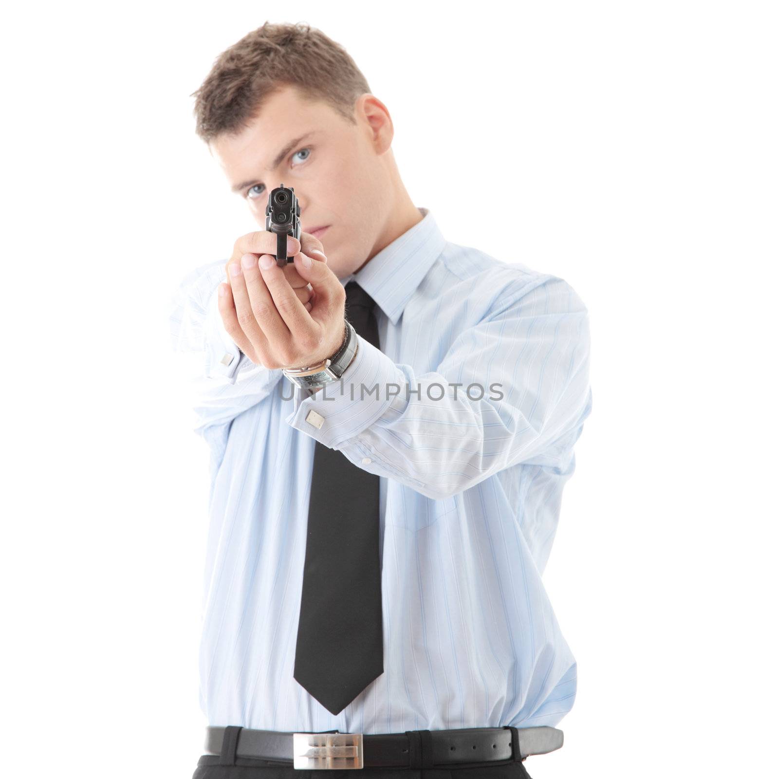 Gun control concept - businessman with handgun, isolated on white