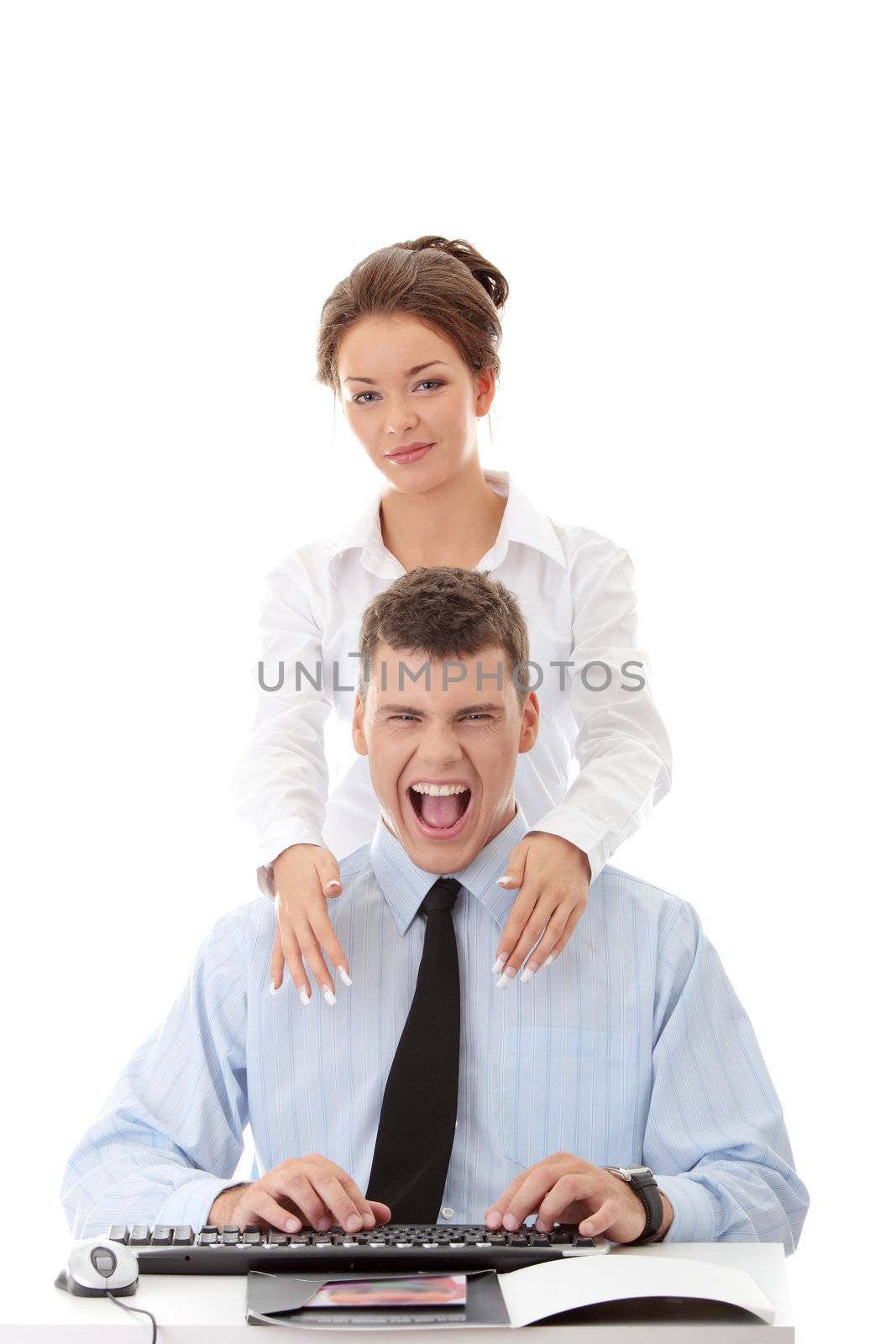 Young businessman shouting, while businesswoman stending behind him. Isolated on white