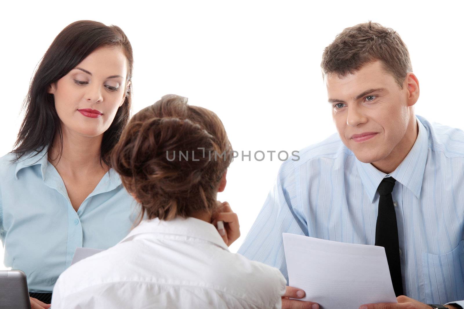 Business coaching concept. Young woman being interviewed for a job. Isolated on white background