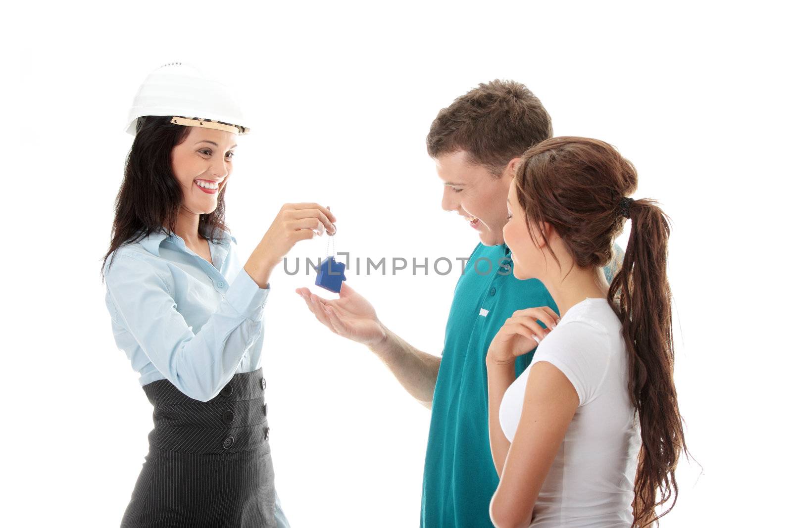 Real estate agent and young couple isolated on white background