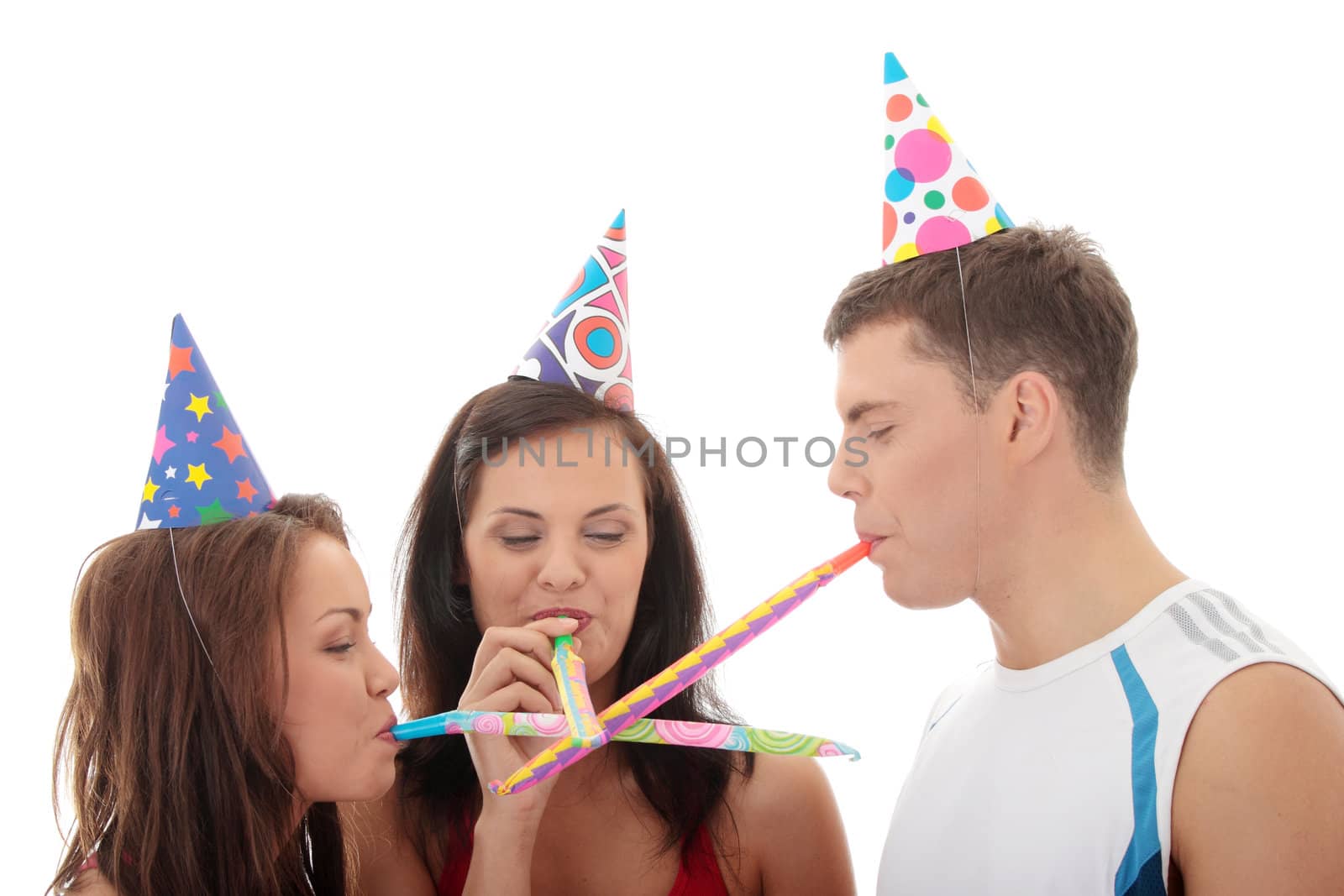 Happy three friends, isolated on white