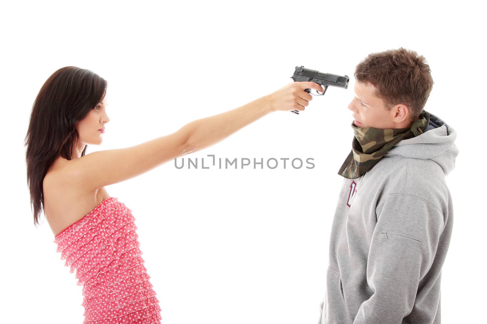 Woman with gun overpowered thug, isolated on white