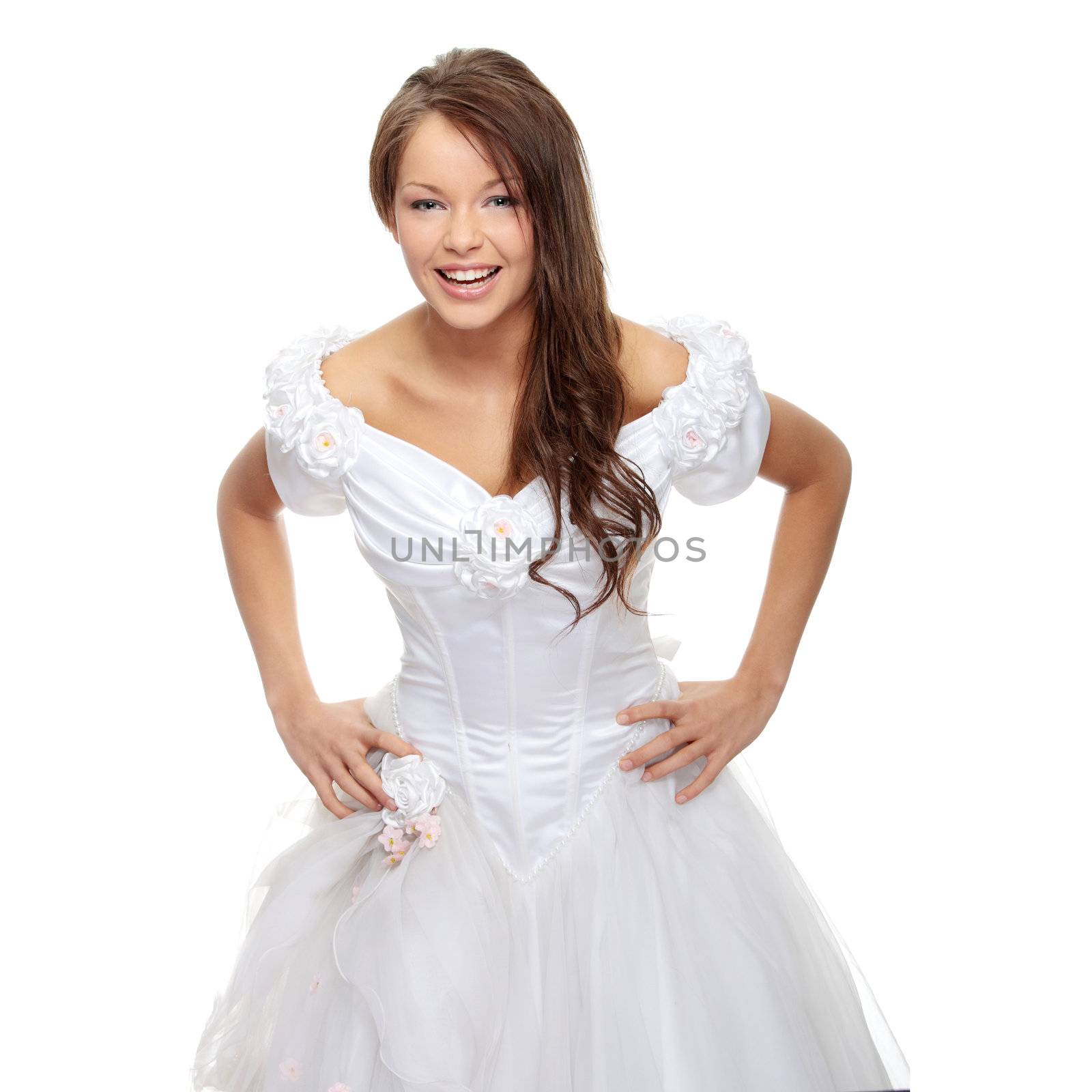 Young beautiful caucasian bride over white background