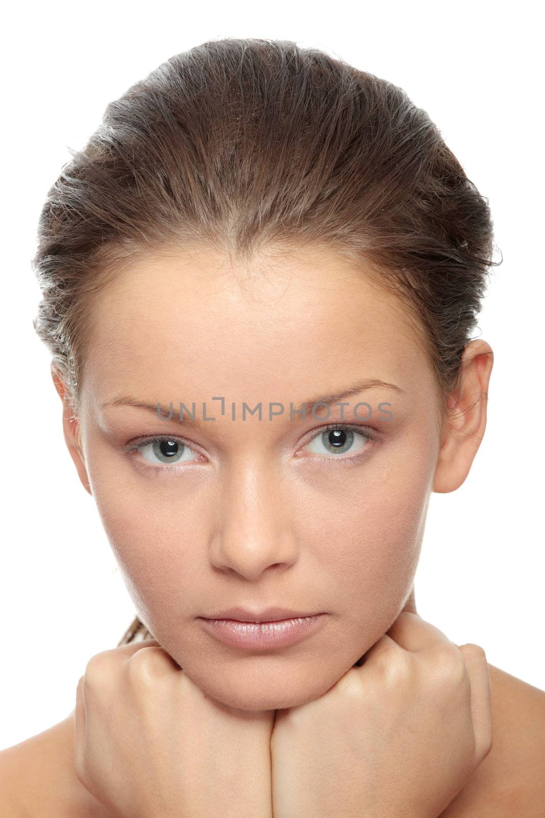Close-up of beautiful woman face, over white background