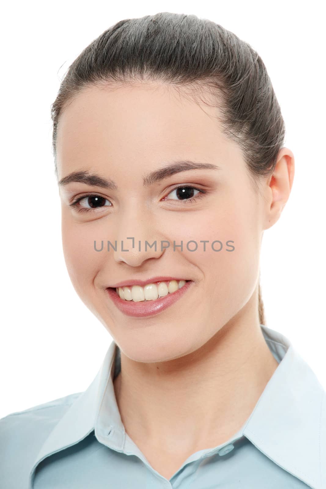 Young happy businesswoman, isolated on white