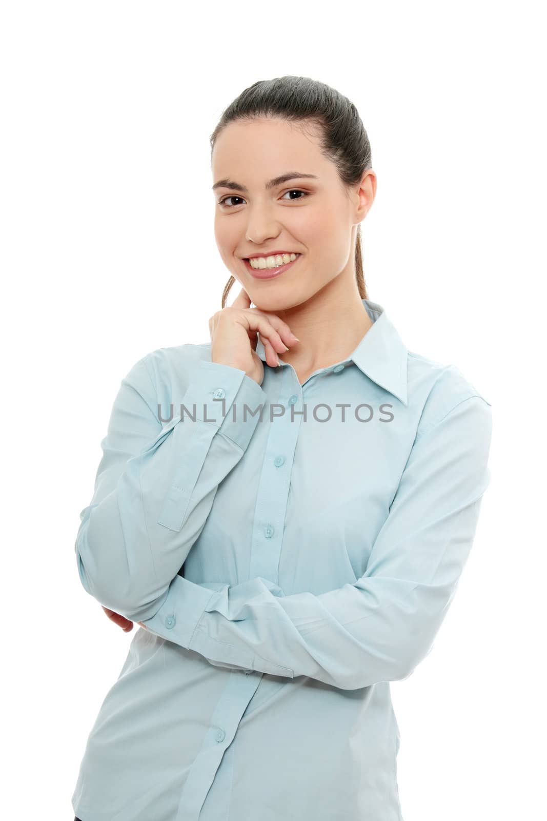 Young happy businesswoman, isolated on white