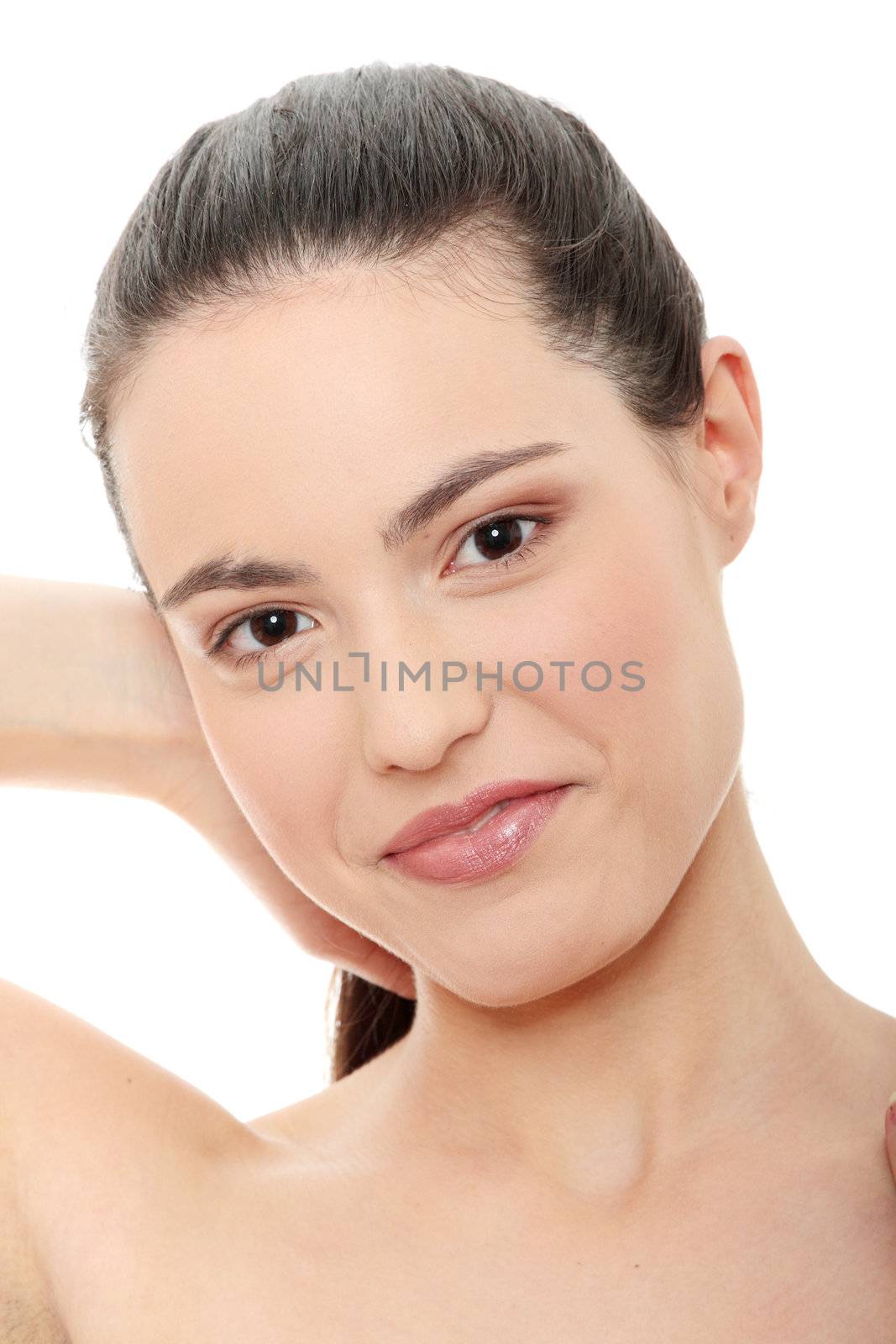 Portrait of the attractive girl without a make-up, isolated on white background 