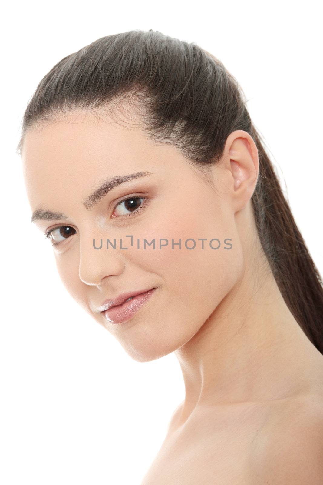 Portrait of the attractive girl without a make-up, isolated on white background