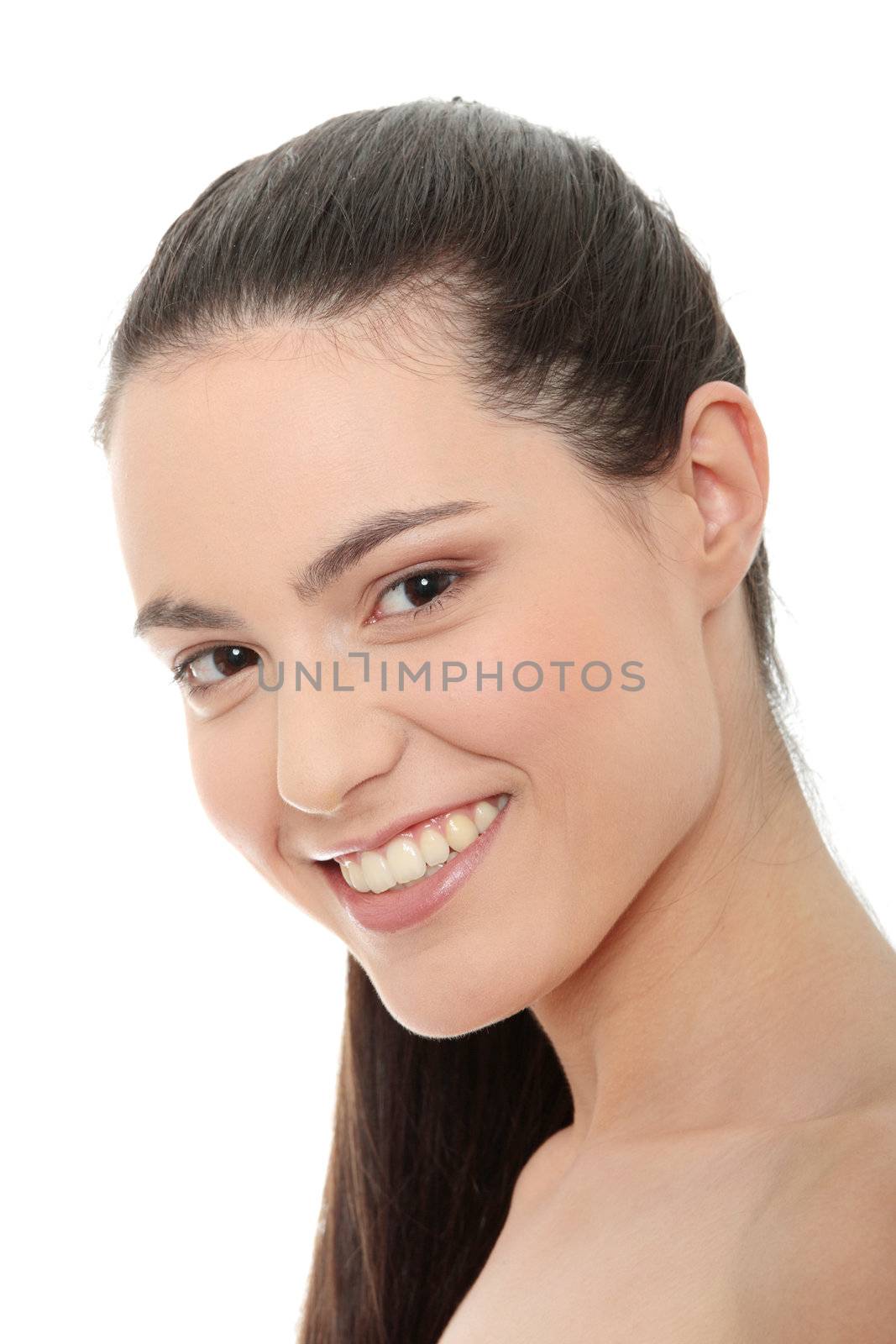 Portrait of the attractive girl without a make-up, isolated on white background