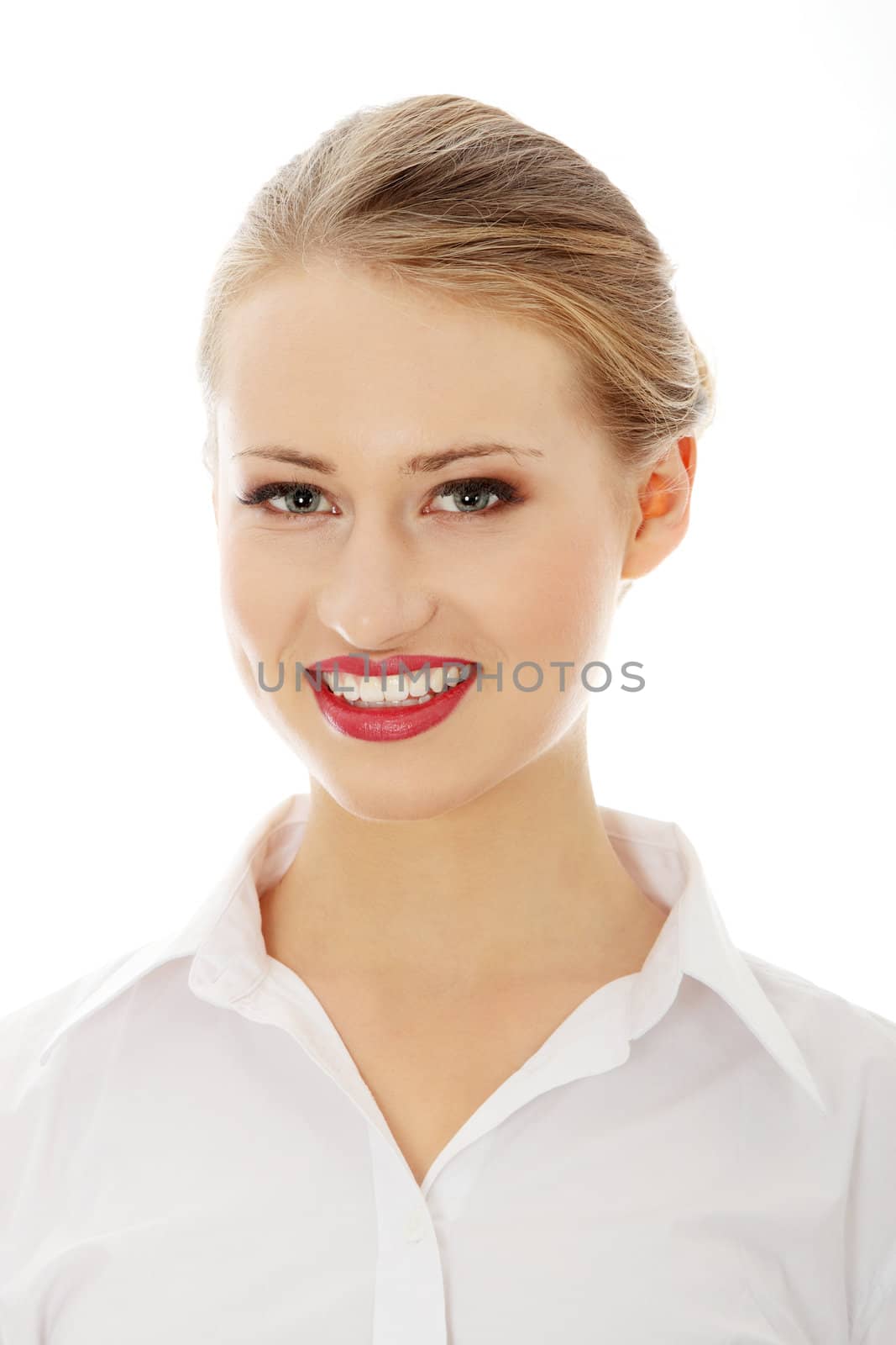 Young happy businesswoman, isolated on white