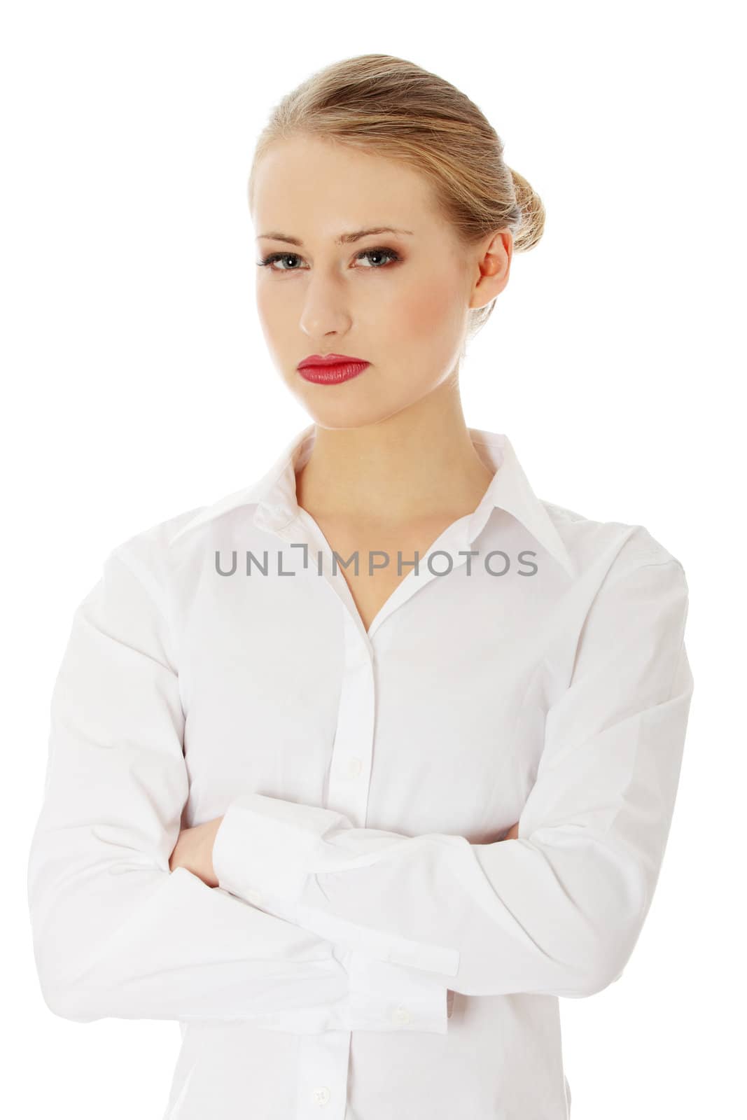 Young happy businesswoman, isolated on white
