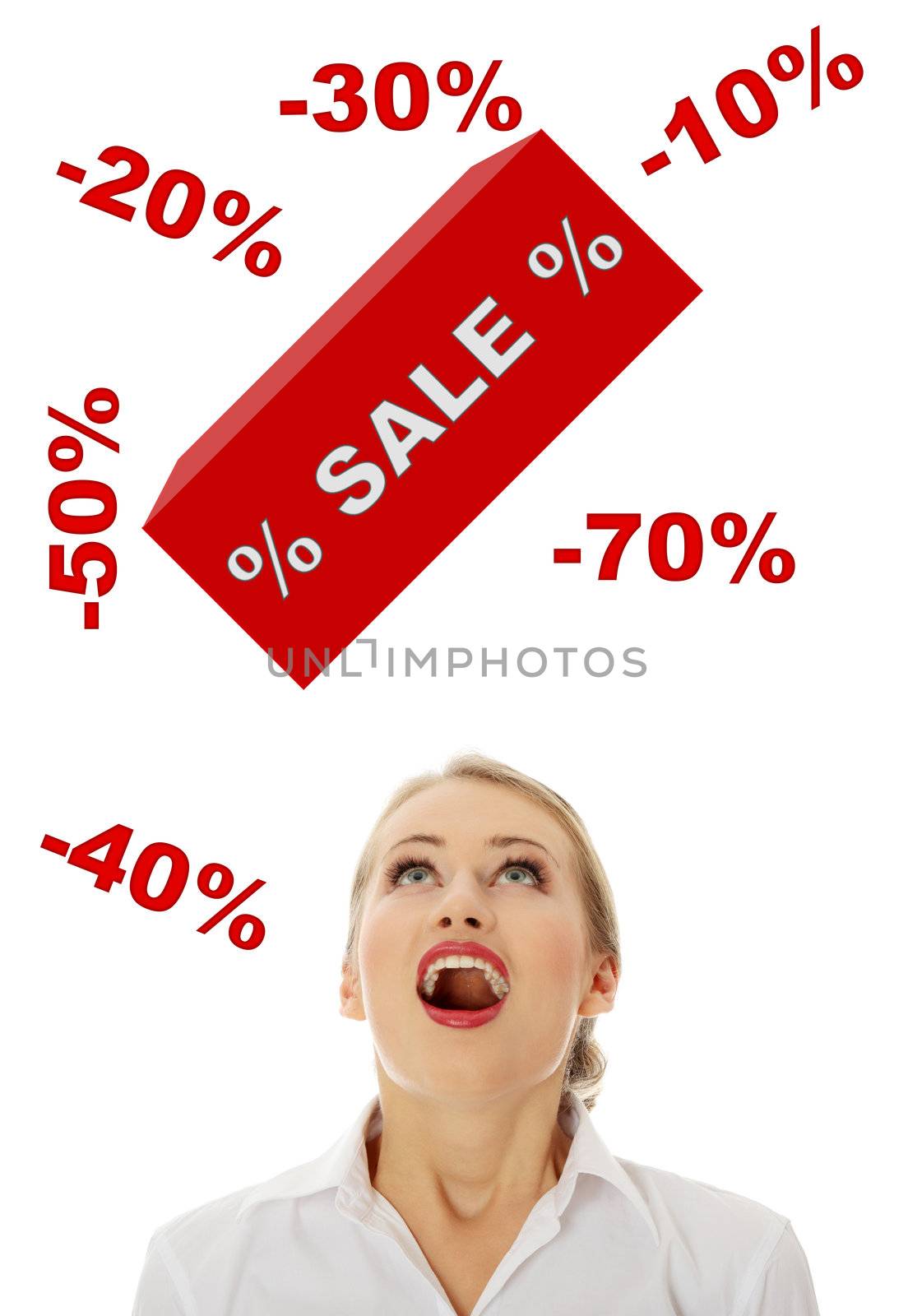 Young woman amazed becouse of sale, isolated on white