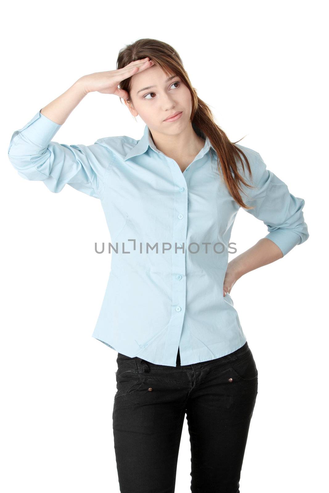 Young business woman or student - thinking, isolated on white