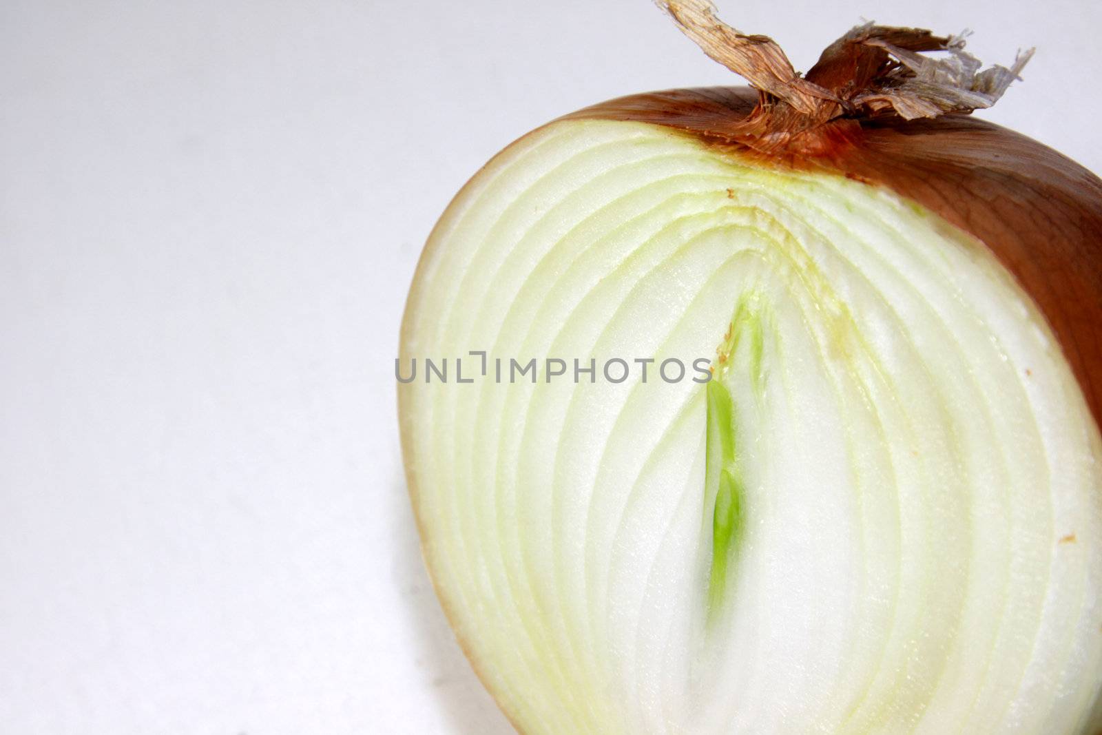 A close-up of a sliced large yellow onion sitting on a cutting board.
