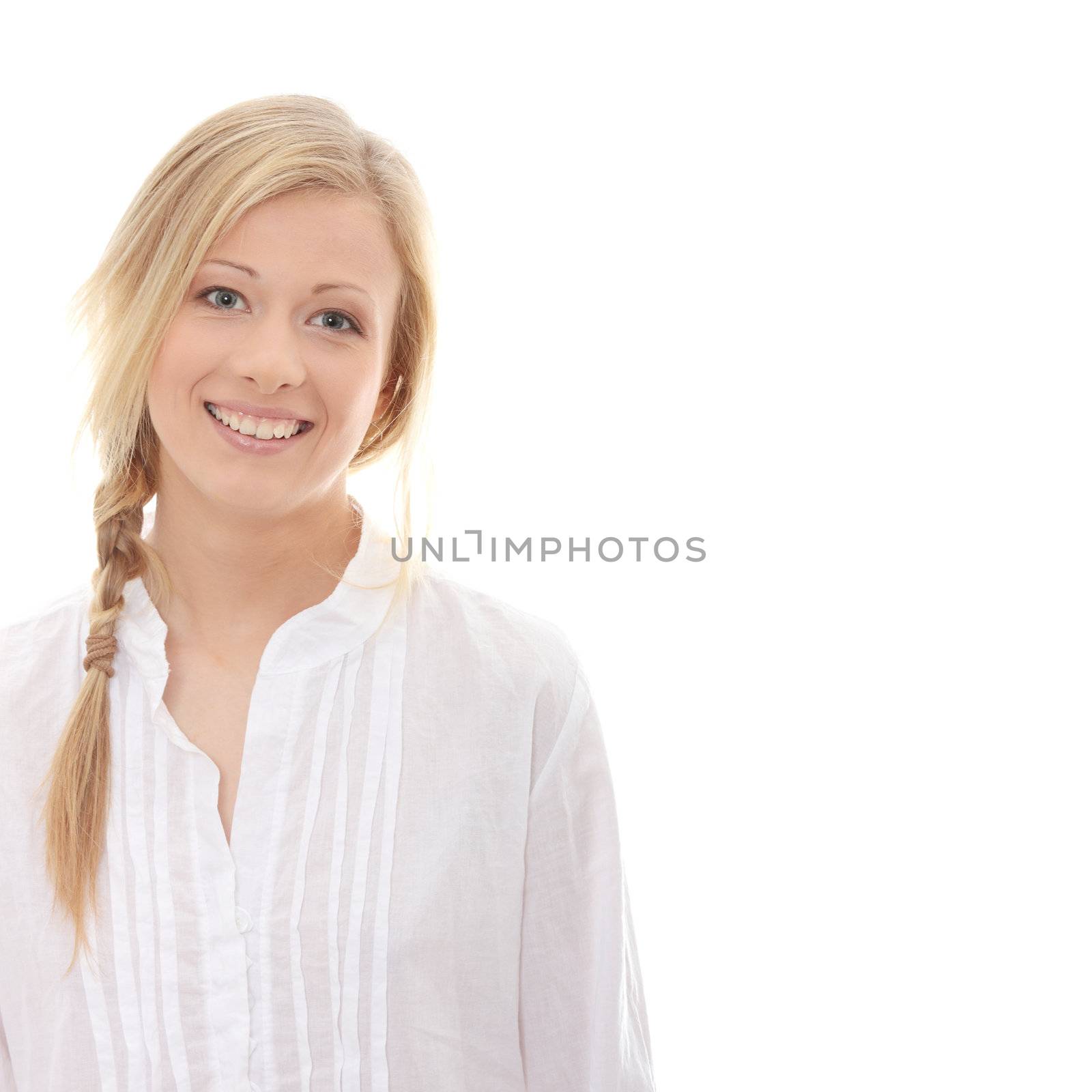 Young morning woman in big shirt , isolated on white