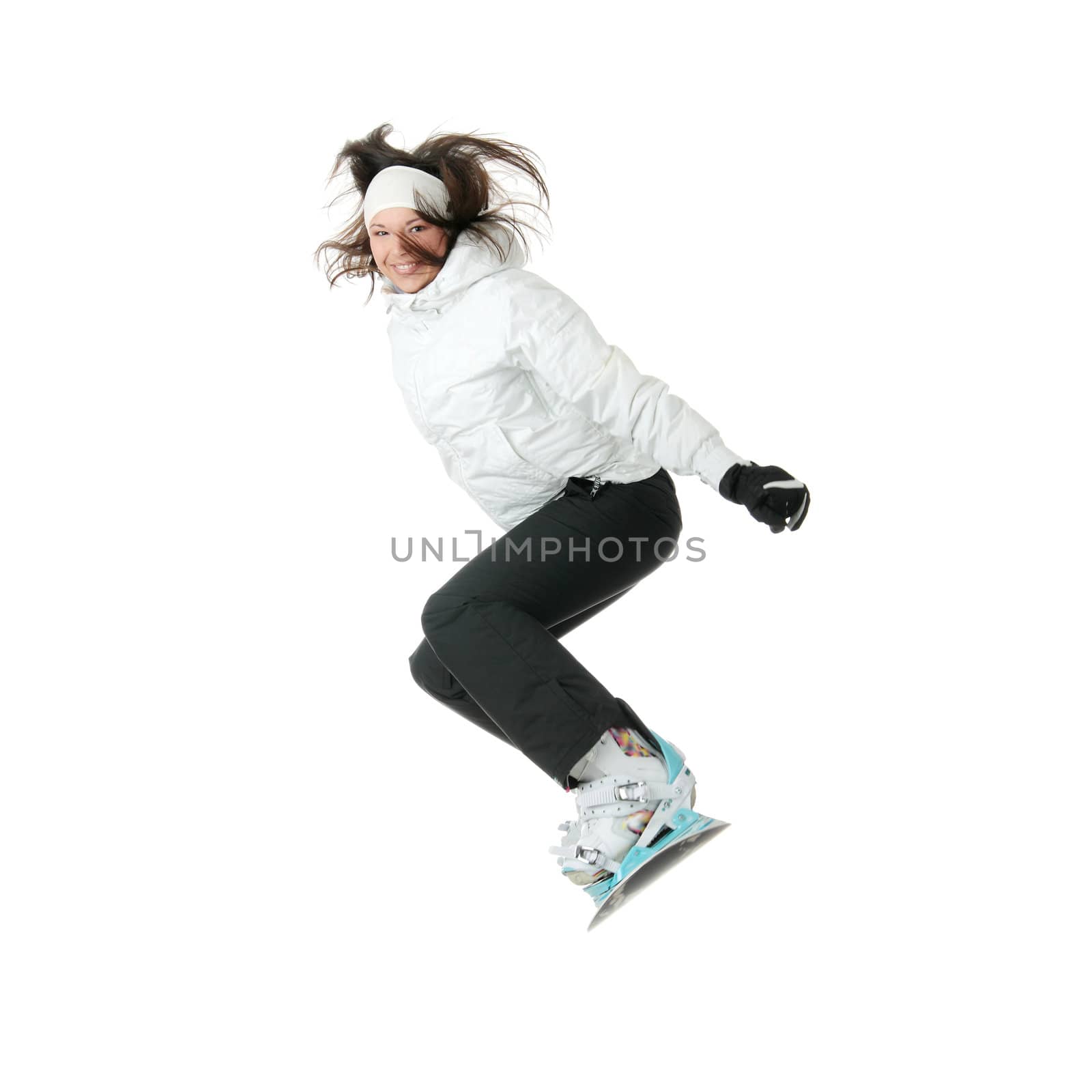 Young woman on snowboard isolated on white background