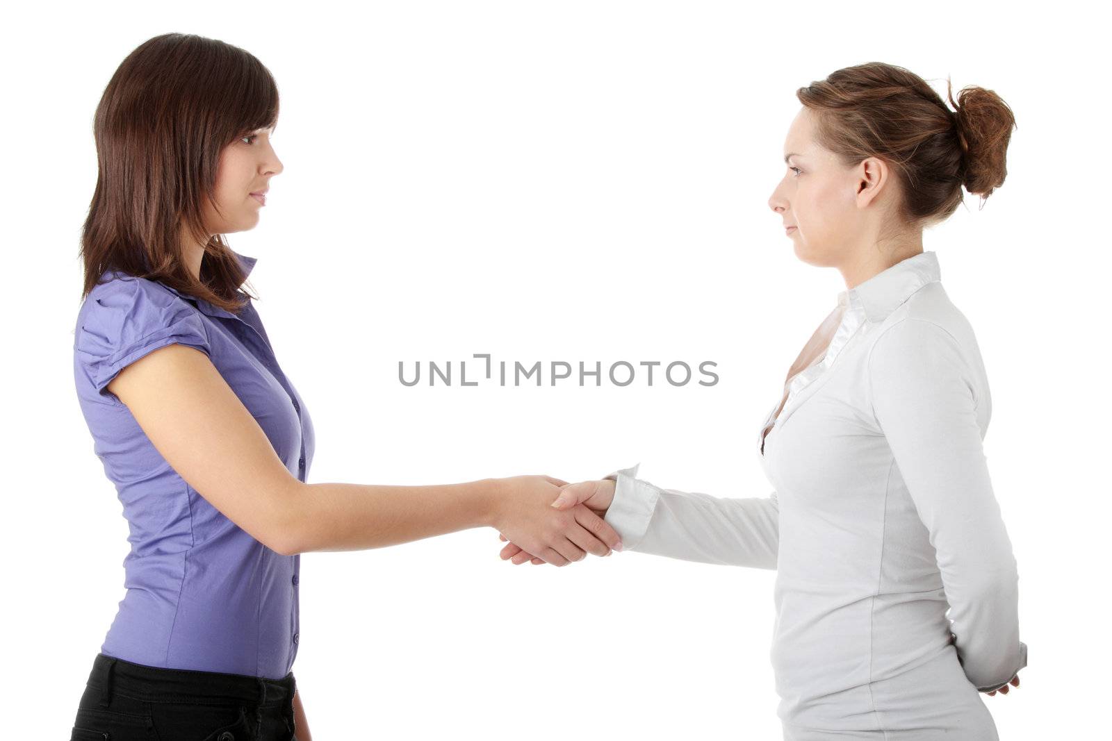 Business hand shake between two colleagues woman