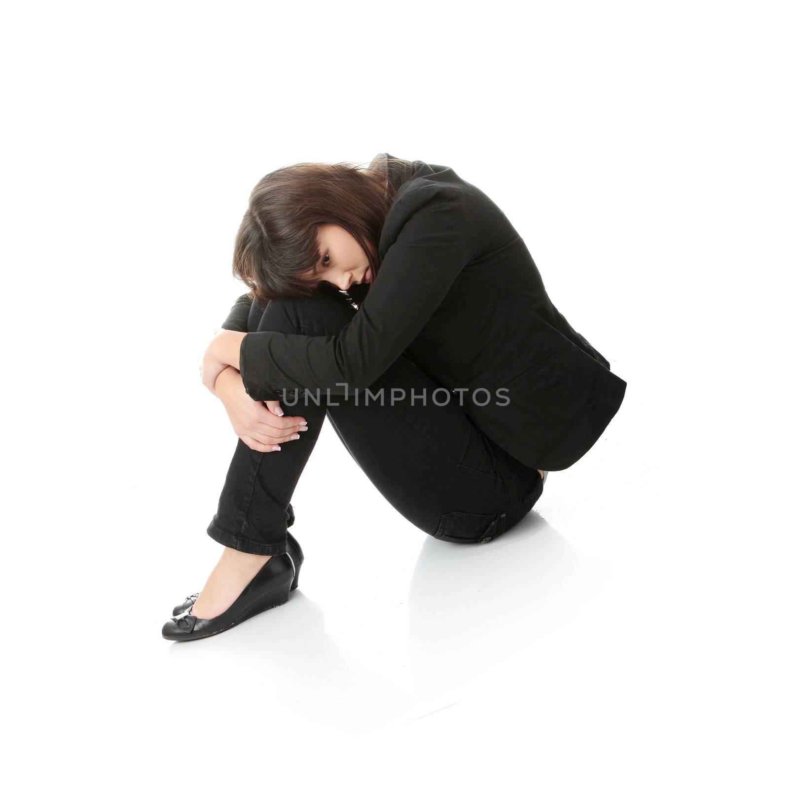 Young businesswoman depression, isolated on white