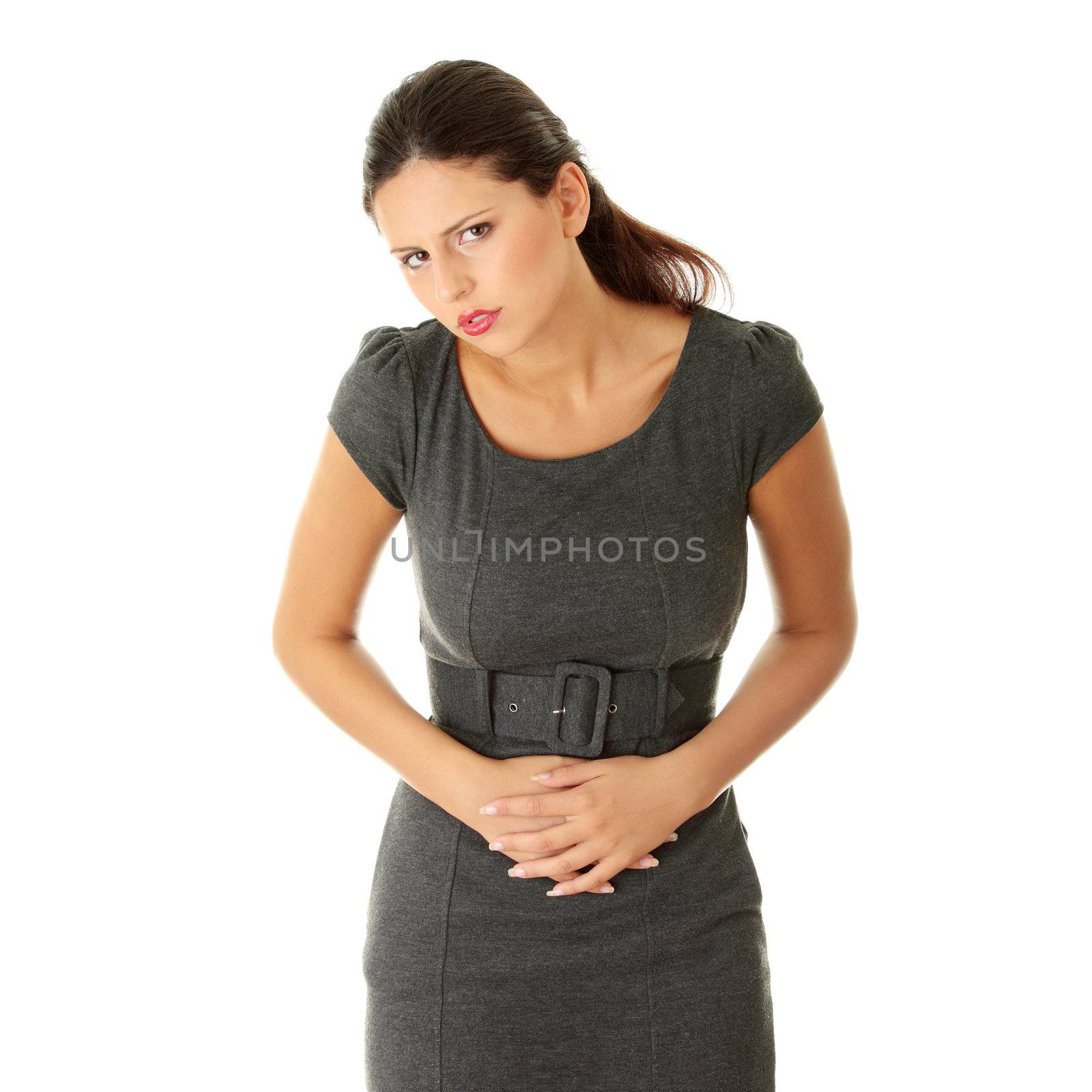 Woman with stomach issues isolated on white background