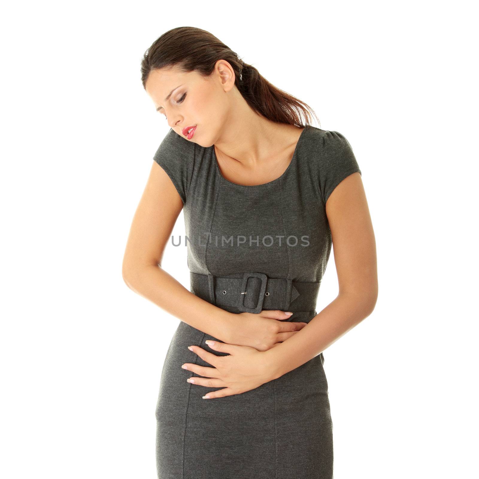 Woman with stomach issues isolated on white background