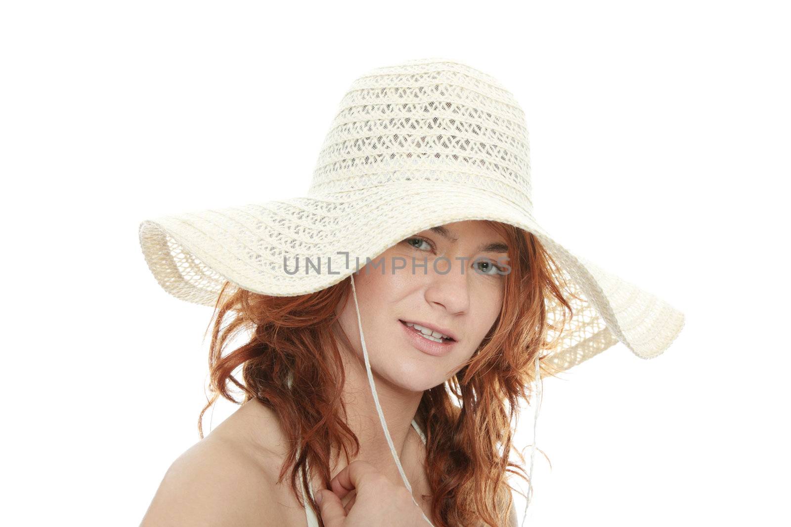 Summer woman in bikini and hat isolated on white
