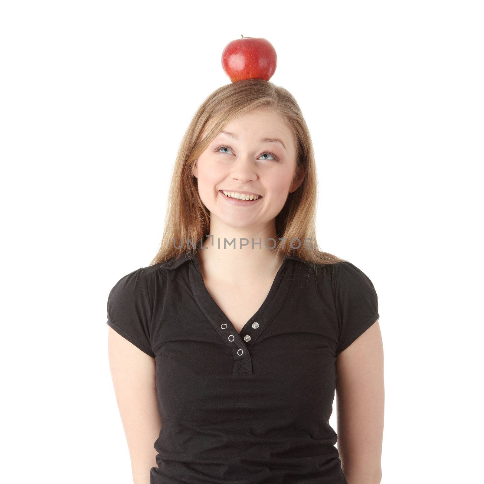 Beautiful student woman have apple on her head - learning concept