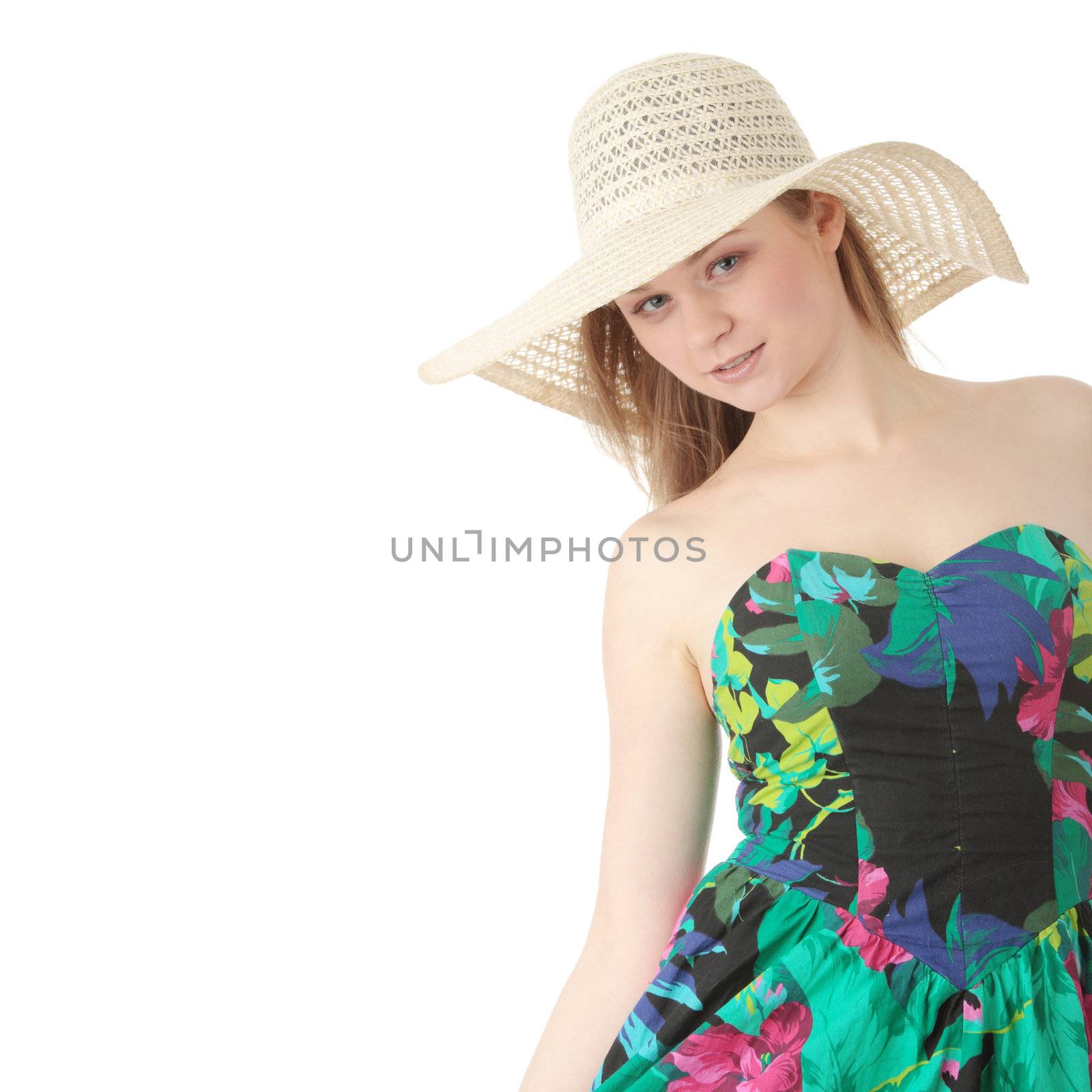 Beautiful Fashion Model Wearing A Retro Summer Hat, isolated
