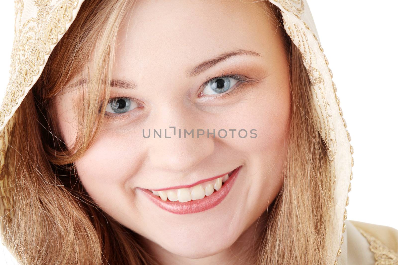 Young beautiful caucasian woman in elegant gold party dress, isolated