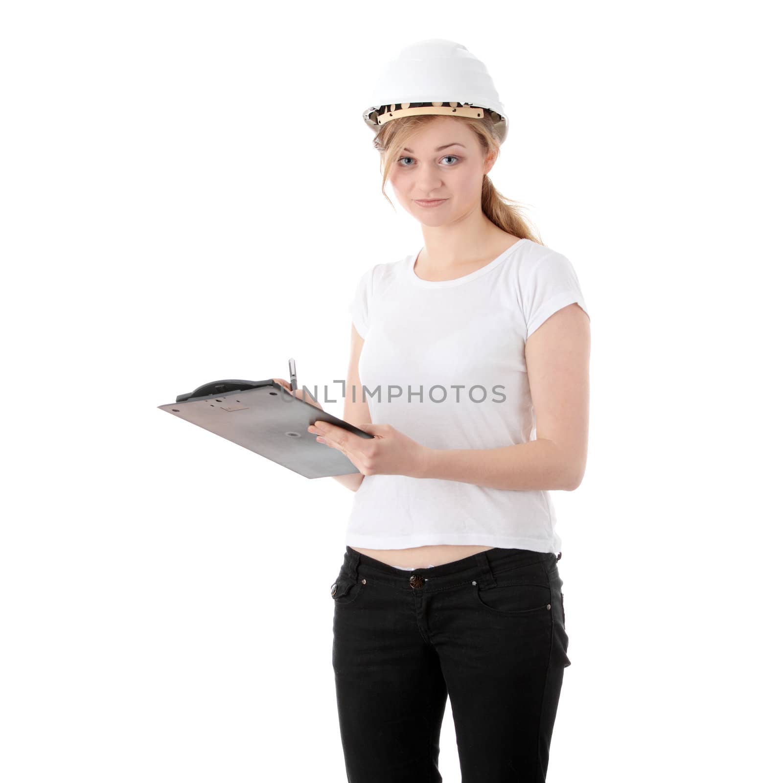 Architect woman in white helmet isolated on white background