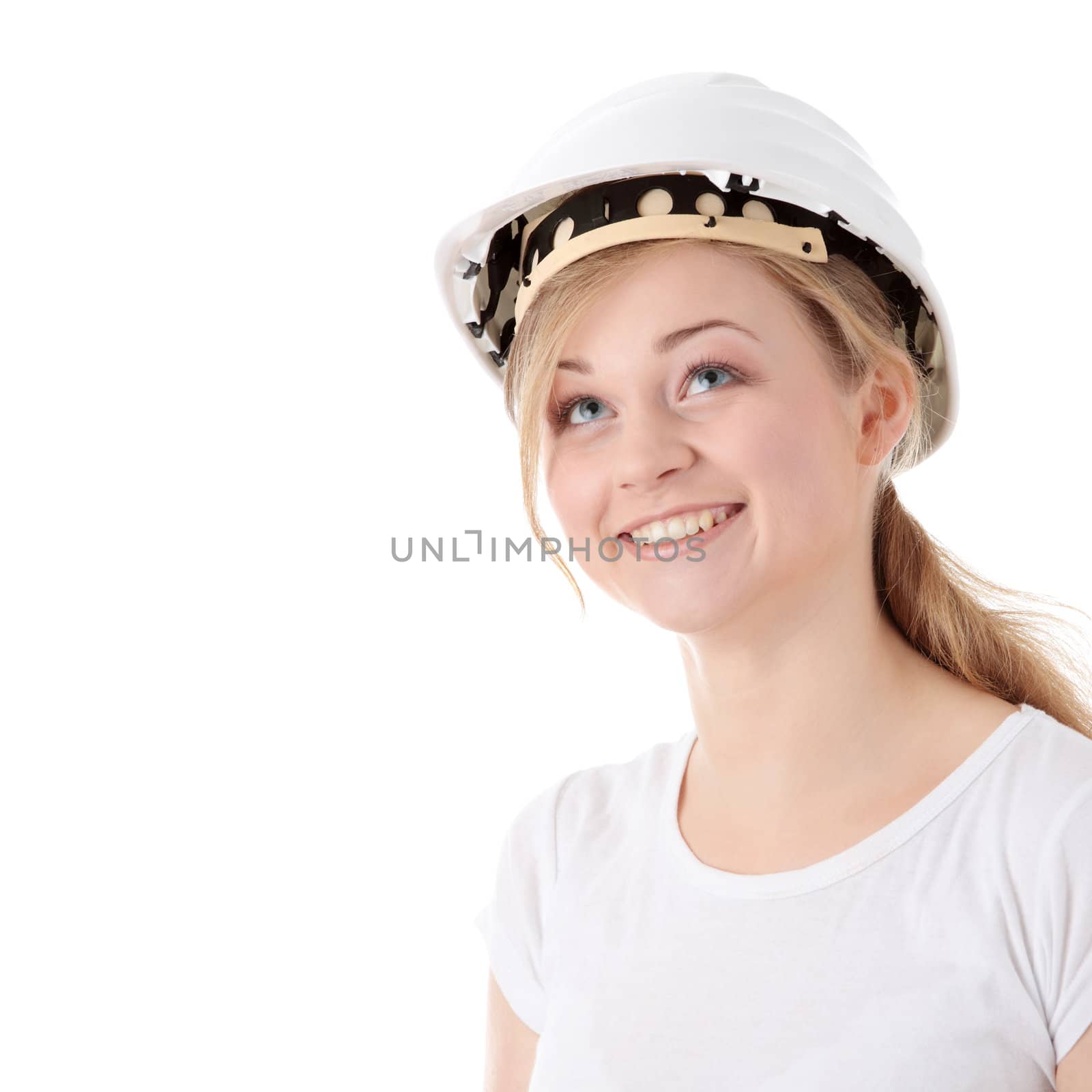 Engineer woman in white helmet by BDS