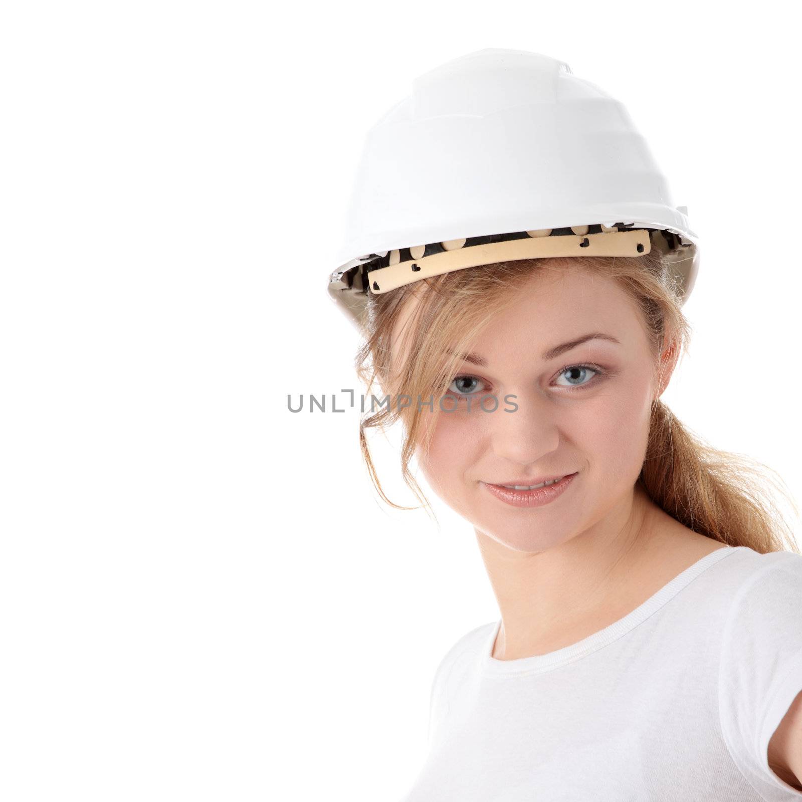 Architect woman in white helmet isolated on white background