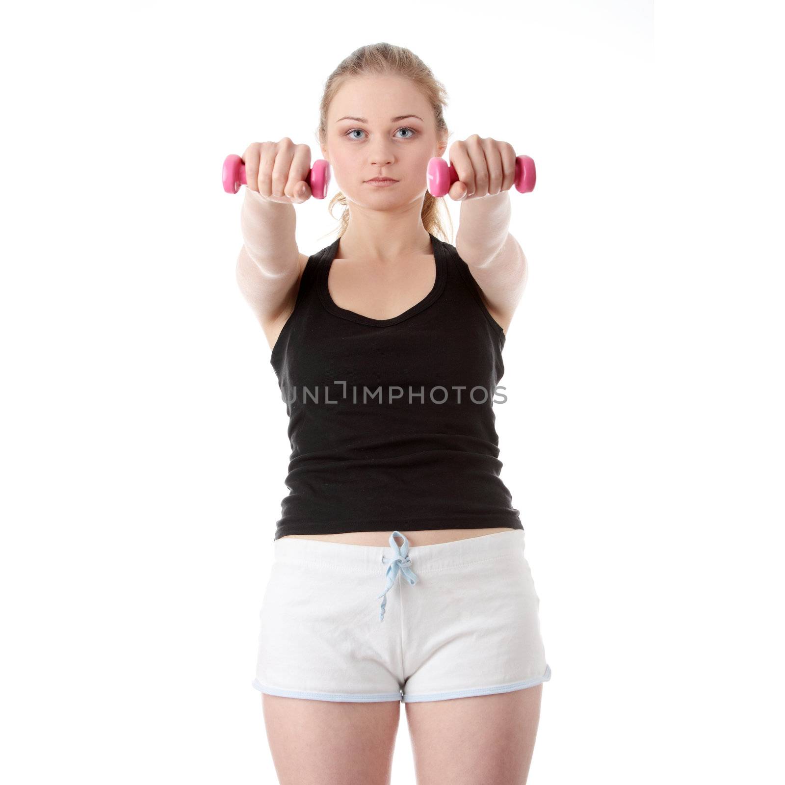 Beautiful young blonde exercising, isolated on white background