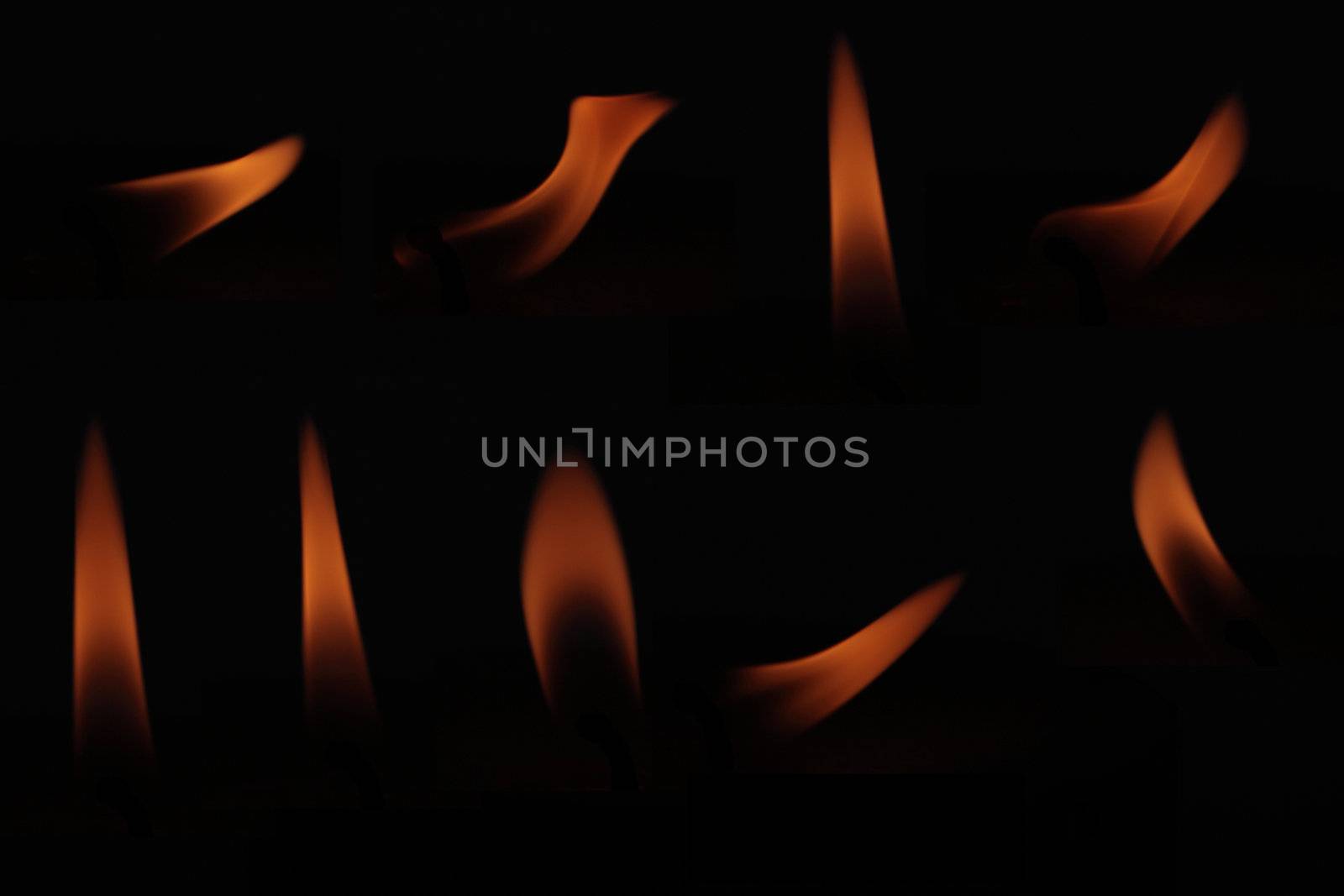 Nine flames isolated on black background